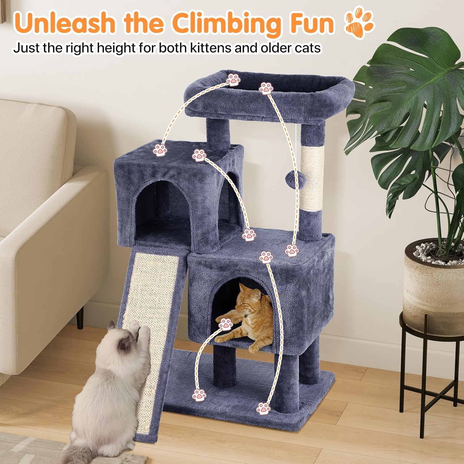 Cat Tree 36-Inch Cat Tower with Scratching Post Multi-Level Cats Condo with Ramp,Large Perch,Dangling Ball,Pet Play Tower for Kittens & Adult Cats(Dark Grey)