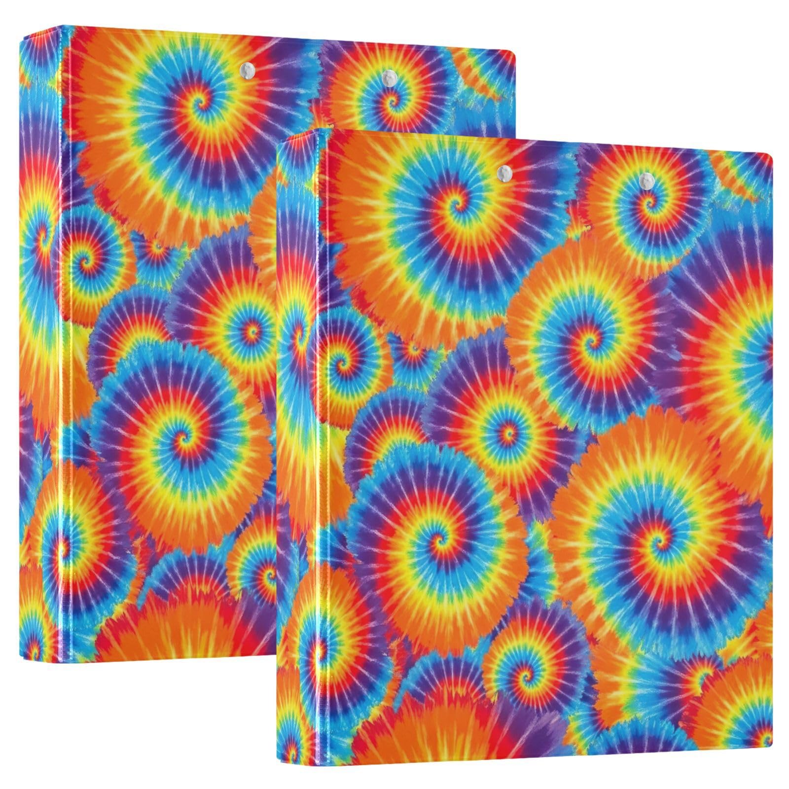 Raccoglitore a 3 anelli con spirale arcobaleno tie dye arancione, 3,8 cm, flessibile ad anelli a D con tasche, per scuola, università, ufficio (confezione da 2)