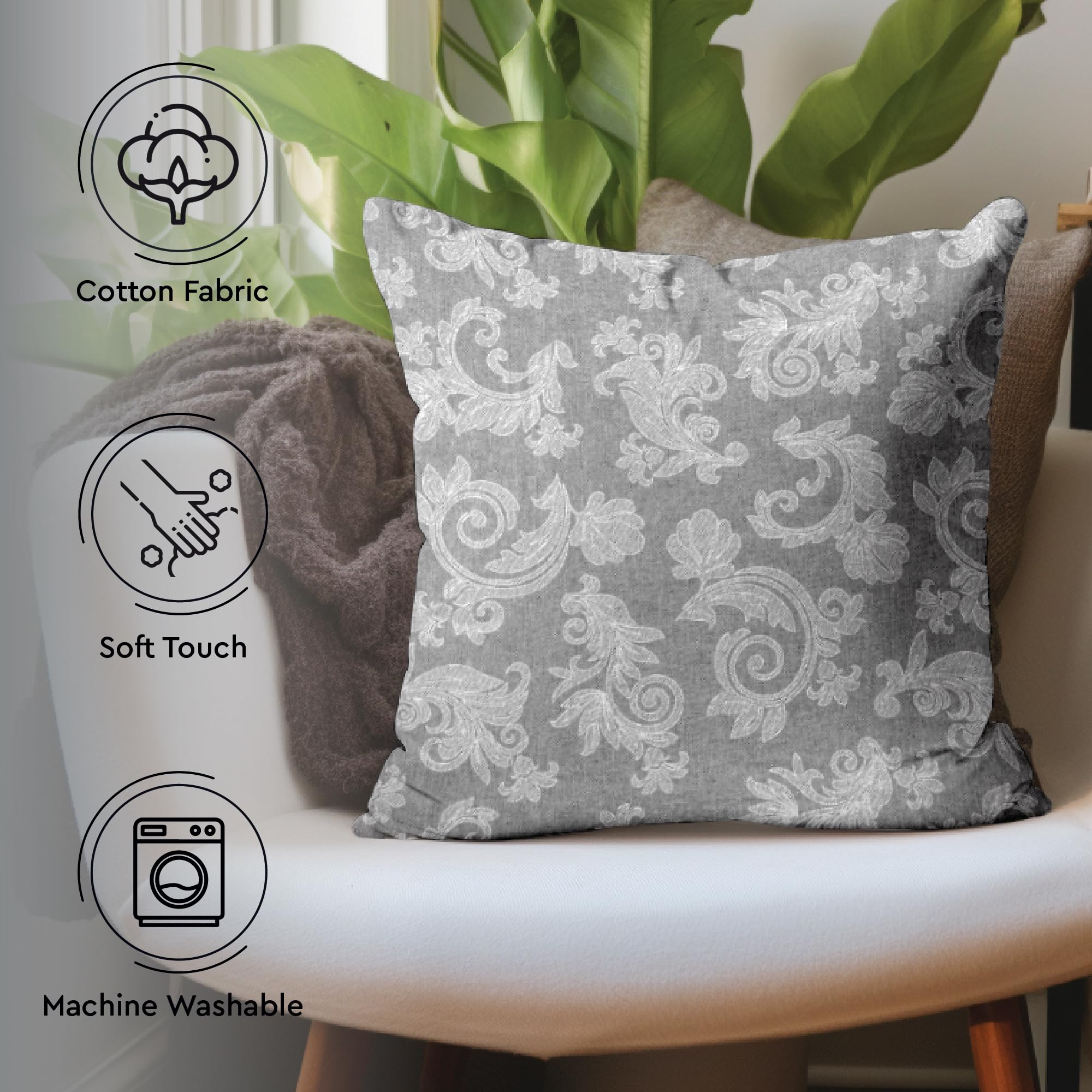 Encasa XO Chambray Cotton Floral Cushion Covers, Grey, 40 x 40 cm (Pack of 2) - Image 4