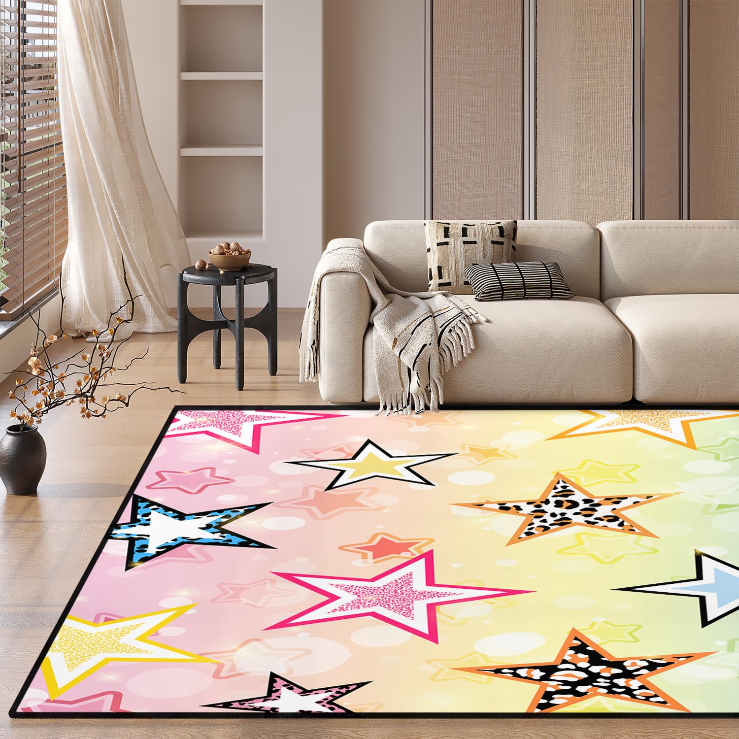 HOSIMA Teppich, Weiche Bodenmatte, Regenbogen-Stern-Druck, Rutschfeste Schlafzimmer Matte, Kurzflor Flauschige Matte, Waschbar, 150x200 cm, Stern