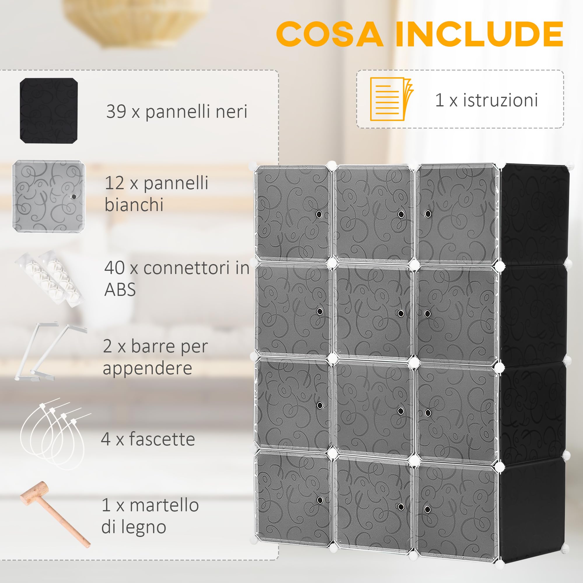 HOMCOM Armadio Scarpiera Salvaspazio, Scarpiera da Ingresso in Plastica, Armadio Modulare per Salotto e Ingressi, Scaffale Portascarpe, Multiuso 111x47x145cm, Bianco e Nero