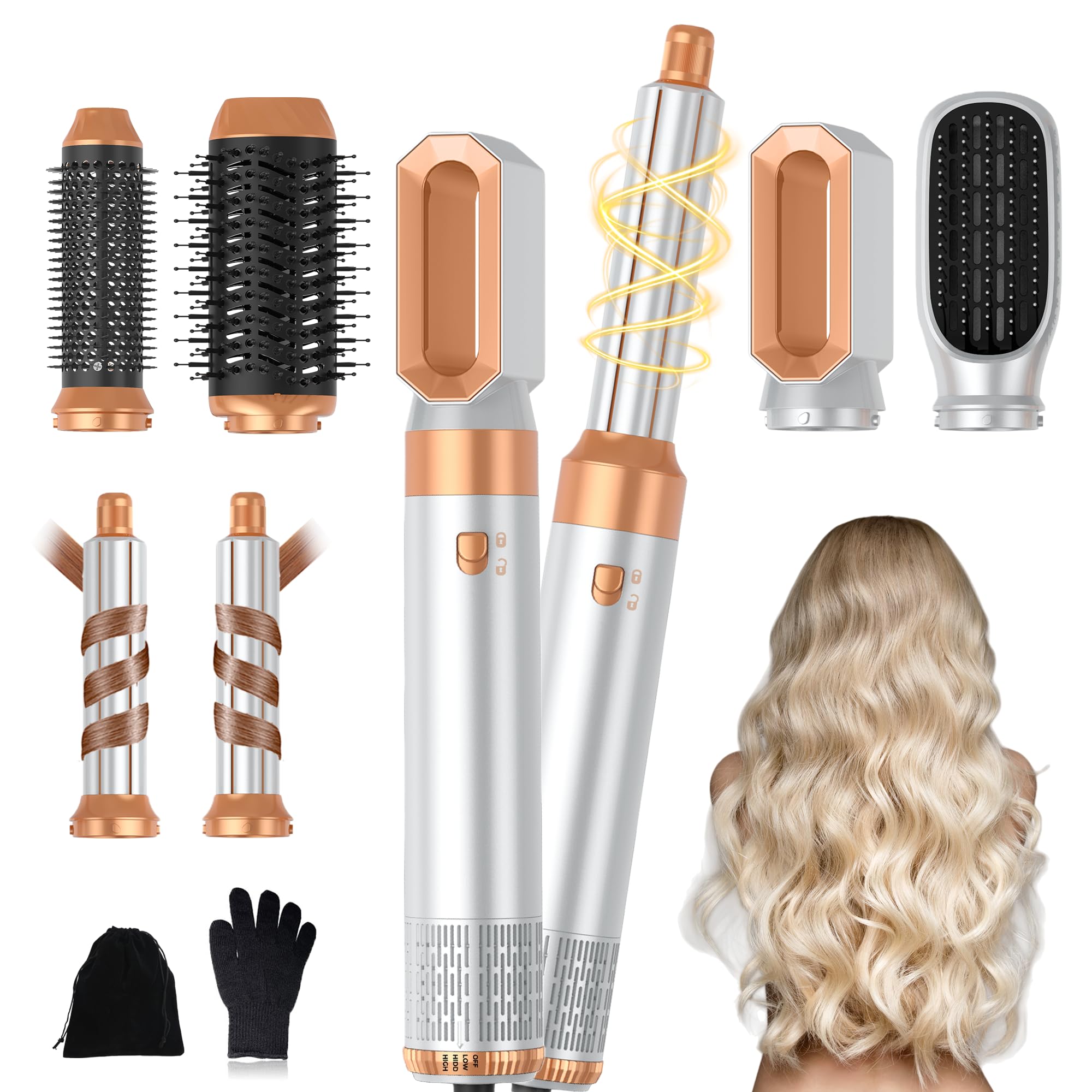UKLISS Cepillo Secador de Pelo 6 en 1 - Cepillo de Aire Caliente Peinador con Rizador, Thermal Brush, Secado Rápido, Moldeador Pelo Voluminizador- Rizos, Volumen, Alisado y Secado (Oro Blanco)