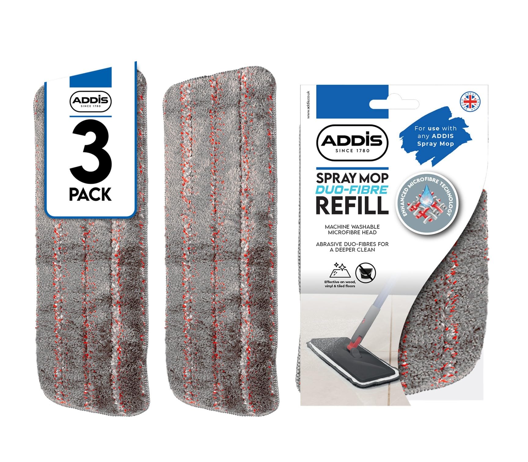 Addis Spray Go Duo Fibre Replacement Microfibre Mop Pads Pack of 3, with Clean Action Abrasise Strip, Machine Washable, Grey Red, Pack of 3