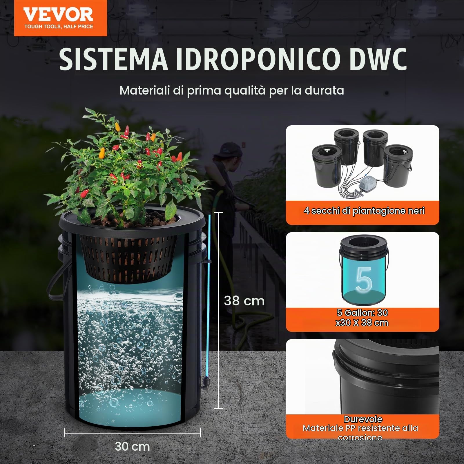 VEVOR DWC Sistema di Coltivazione Idroponica, Kit Top Drip, Coltura in Acque Profonde da 20 Litri, 4 Secchi, con Pompa ad Aria, Pietre porose, Dispositivo di Livello dell'Acqua, per Verdure in Foglia