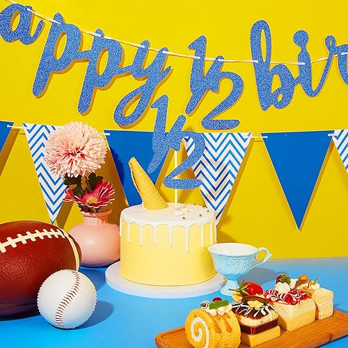 Miniatura 4 de Cartel de 6 meses de feliz cumpleaños, pancarta de feliz cumpleaños 12 con purpurina para decoración de pastel de medio año, pancarta triangular