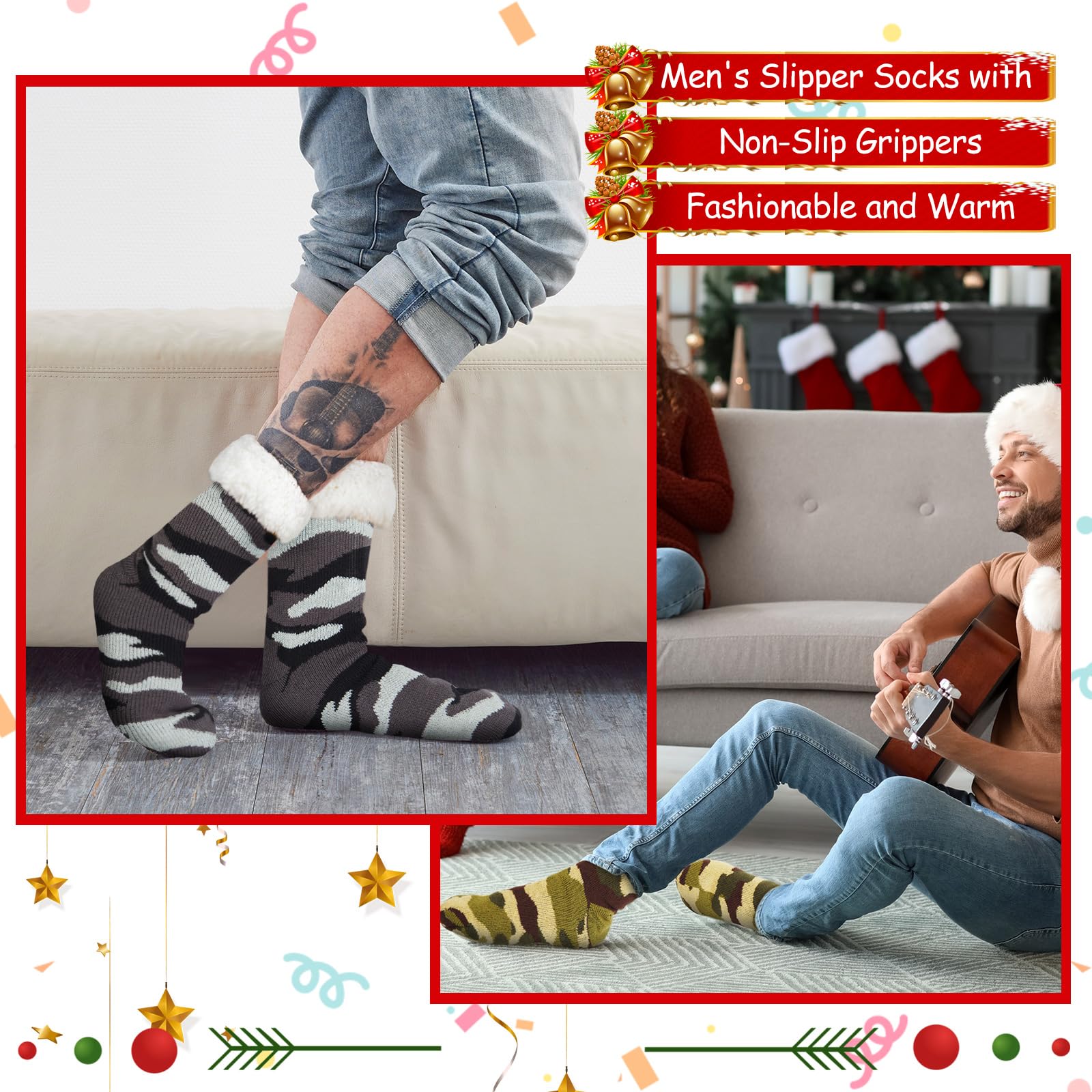 Berlune 4 Paar flauschige Herren-Socken mit Greifern, für den Winter, rutschfest, warm, mit Fleece gefüttert, dick, gemütlich, Camouflage-Socken für Herren, Zubehör, Geschenke für Weihnachten