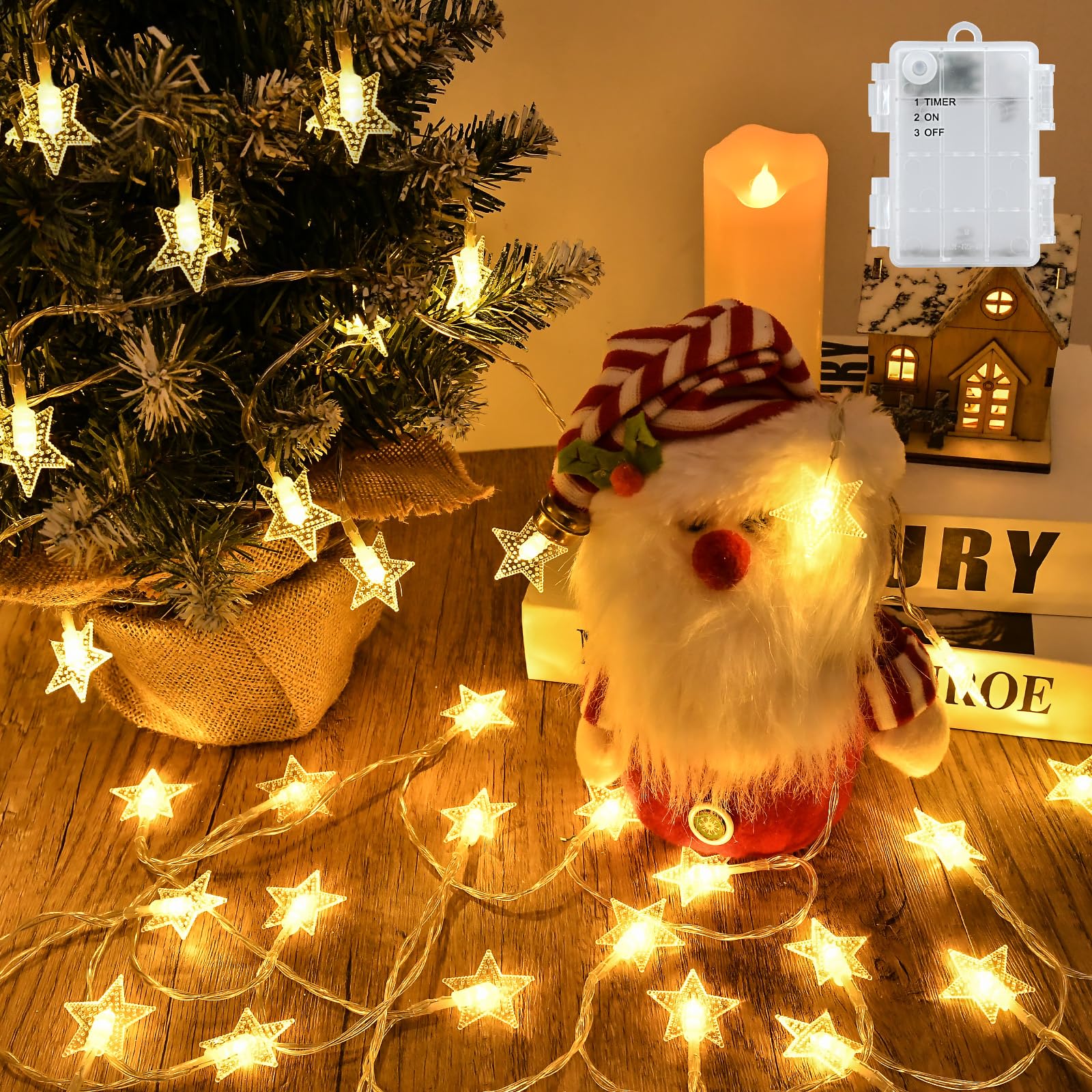cshare Star Fairy Lights, 19.7ft 40 LED Battery Powered Christmas String Lights with Timer IP65 Waterproof Fairy Lights for Bedroom Christmas Tree Indoor Outdoor Decorations, Warm White