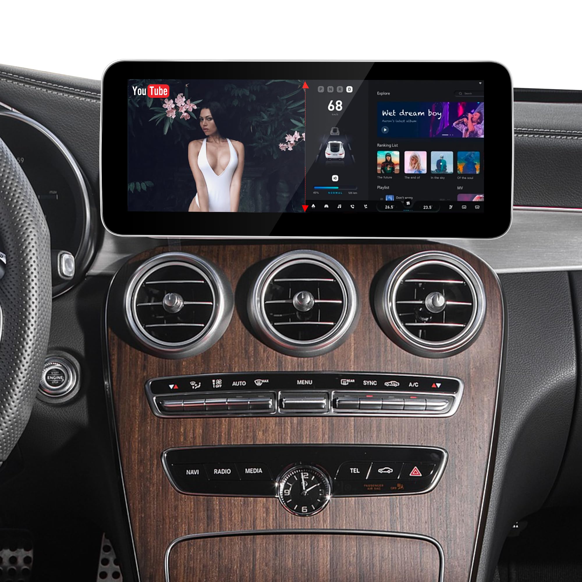 12,3-calowy ekran Android do Mercedesa klasy C W205 A205 C205 S205 NTG 5.5 CarPlay Android Auto pełny (dzielony) ekran Mirroring App Netflix Spotify TikTok nawigacja obsługa kamer pojazdów (128 GB)