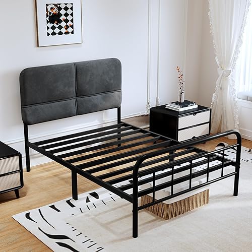 Miniatura 4 de Base de cama metálica de 14 pulgadas, base de cama tamaño individual con cabecero tapizado, base de colchón resistente y de alta capacidad, fácil