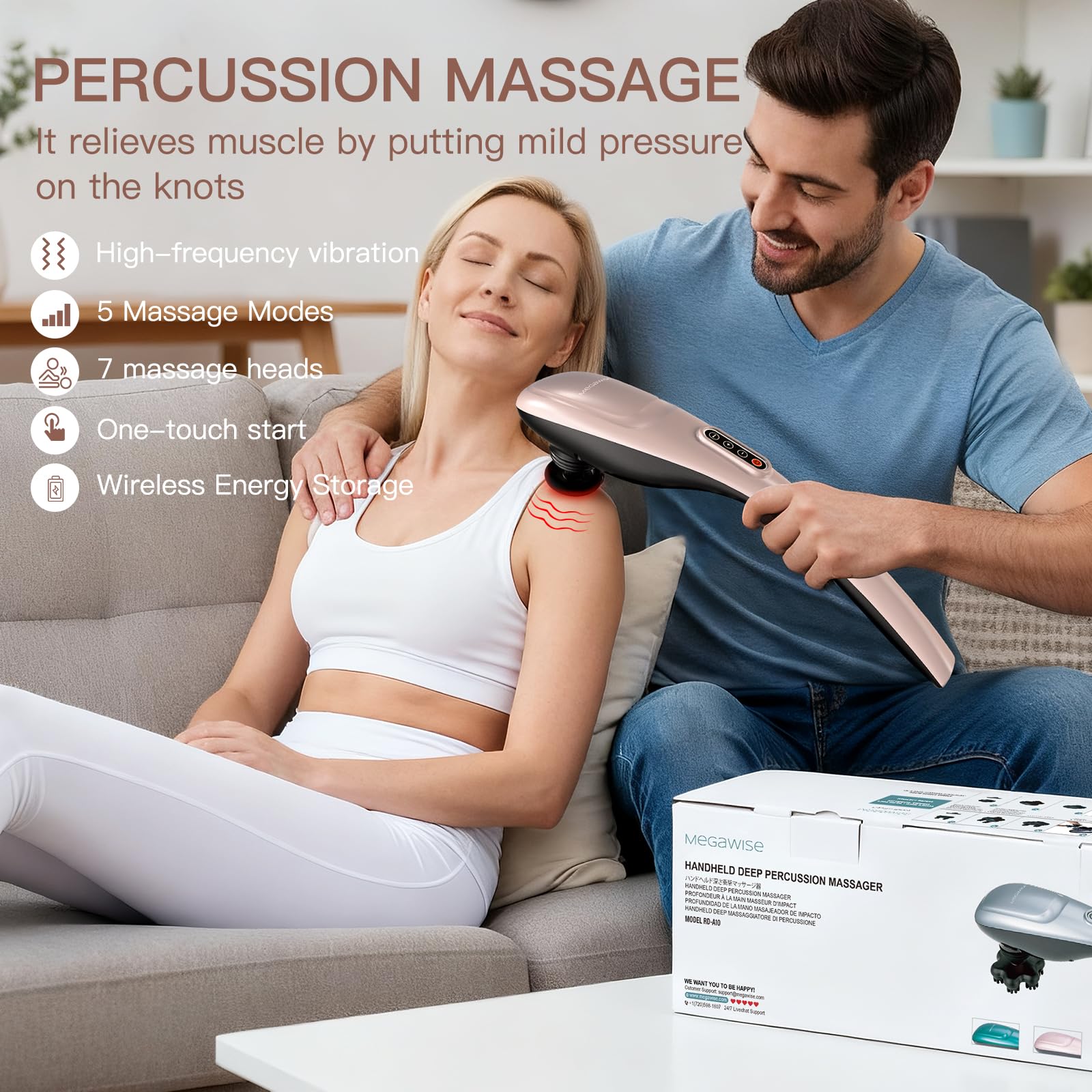 MEGAWISE Handheld Rückenmassagegerät | Tiefengewebe Percussion Massage für Rücken, Nacken, Schultern, Taille und Beine (schnurlos, Roségold)