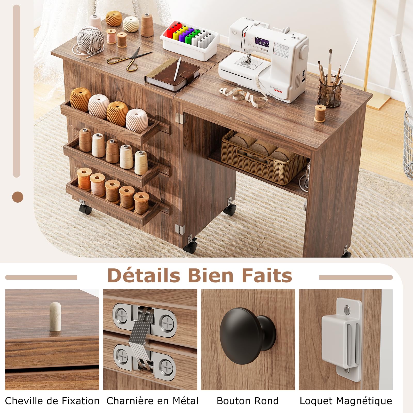 GIANTEX Table Couture Pliante, Meuble Machine à Coudre avec 4 Étagères pour Travaux Manuels, 5 roulettes, Armoire Couture avec Rangement pour Petits Espaces (118,5 x 40 x 79,5 cm, Marron)