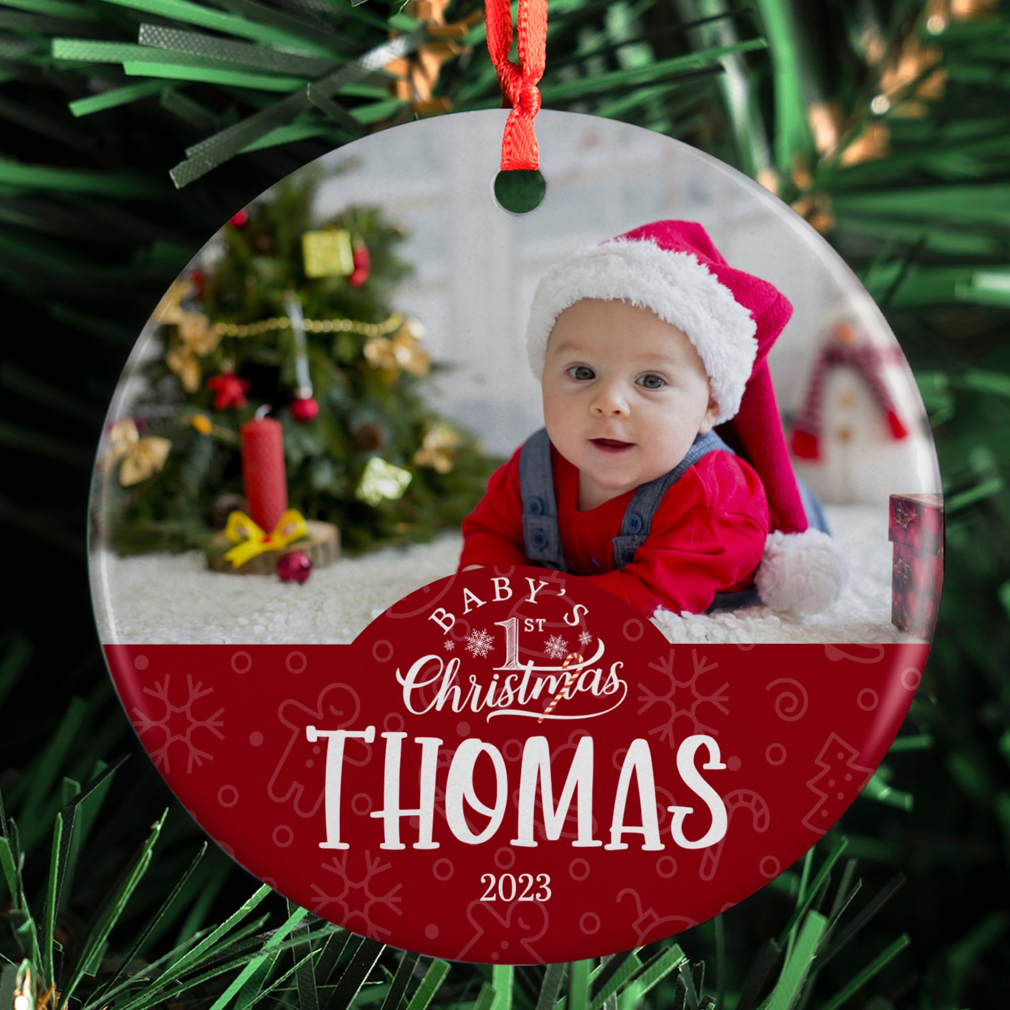 Babys First Christmas 2023, Personalized Photo Ornament, 3 Inches - Round - Upload Photo - Custom W/Name - My First Christmas Photo Baby Ornament, Christmas Ornament for Newborns - D6