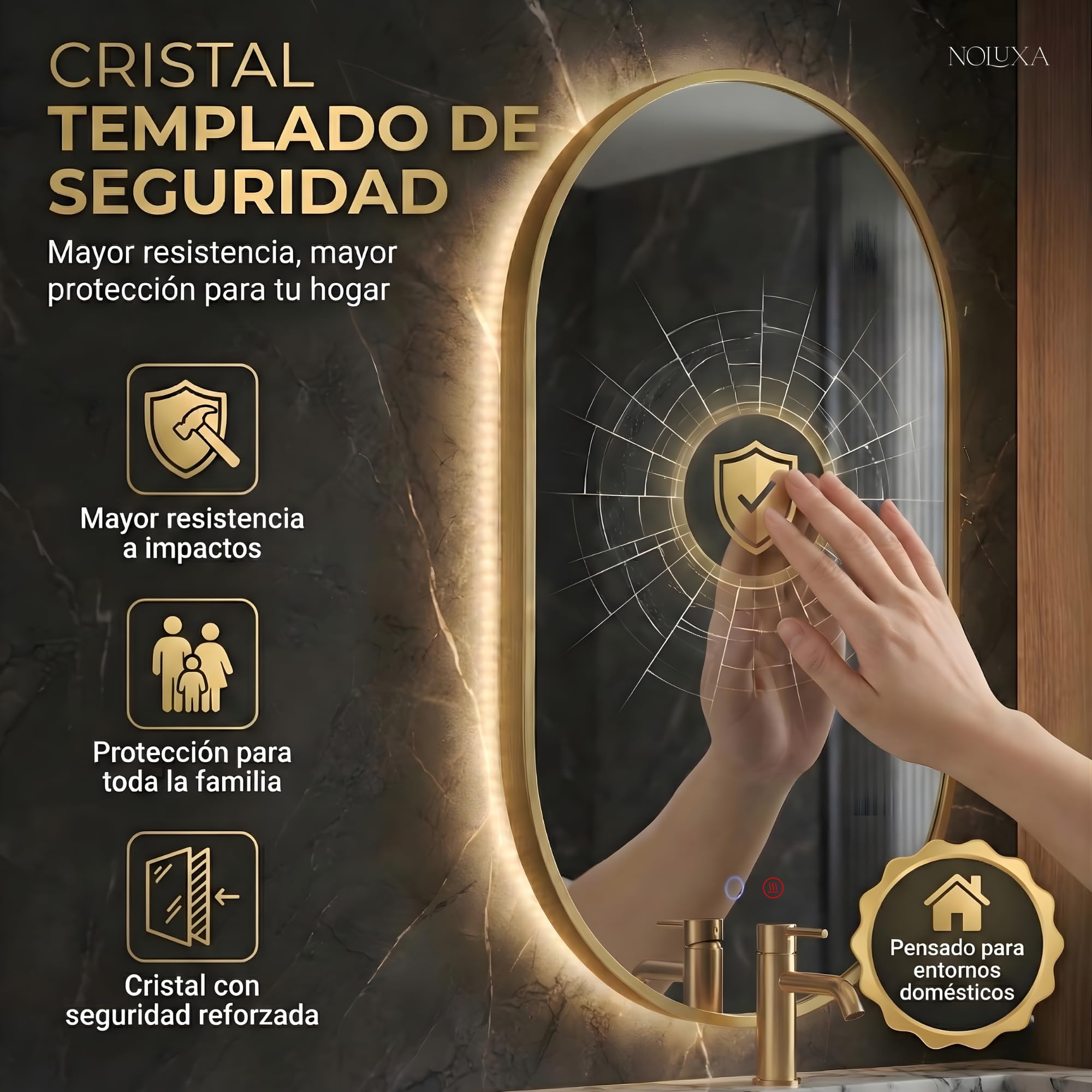 NOLUXA LEDIMEX - Espejo 50x90cm Retroiluminado Baño Dorado con Luz LED y Antivaho | Espejo Inteligente Ovalado Triled (Cálida, Neutra y Fría) y Sensor ON/Off | Serie Tokyo | Color Oro Cepillado