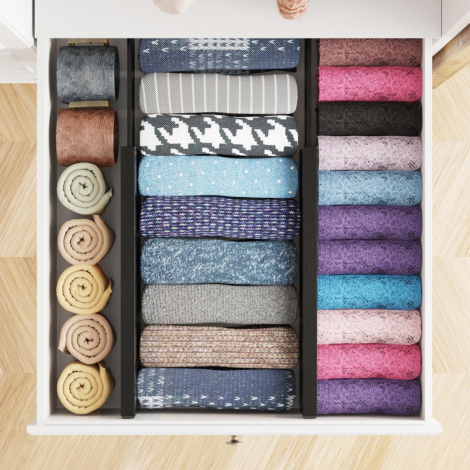 SpaceAid Confezione da 4 divisori per cassetti in bambù, altezza 11,8 cm, regolabili, organizer espandibili per vestiti, vestiti, cassettiere (30,5-44,5 cm), nero