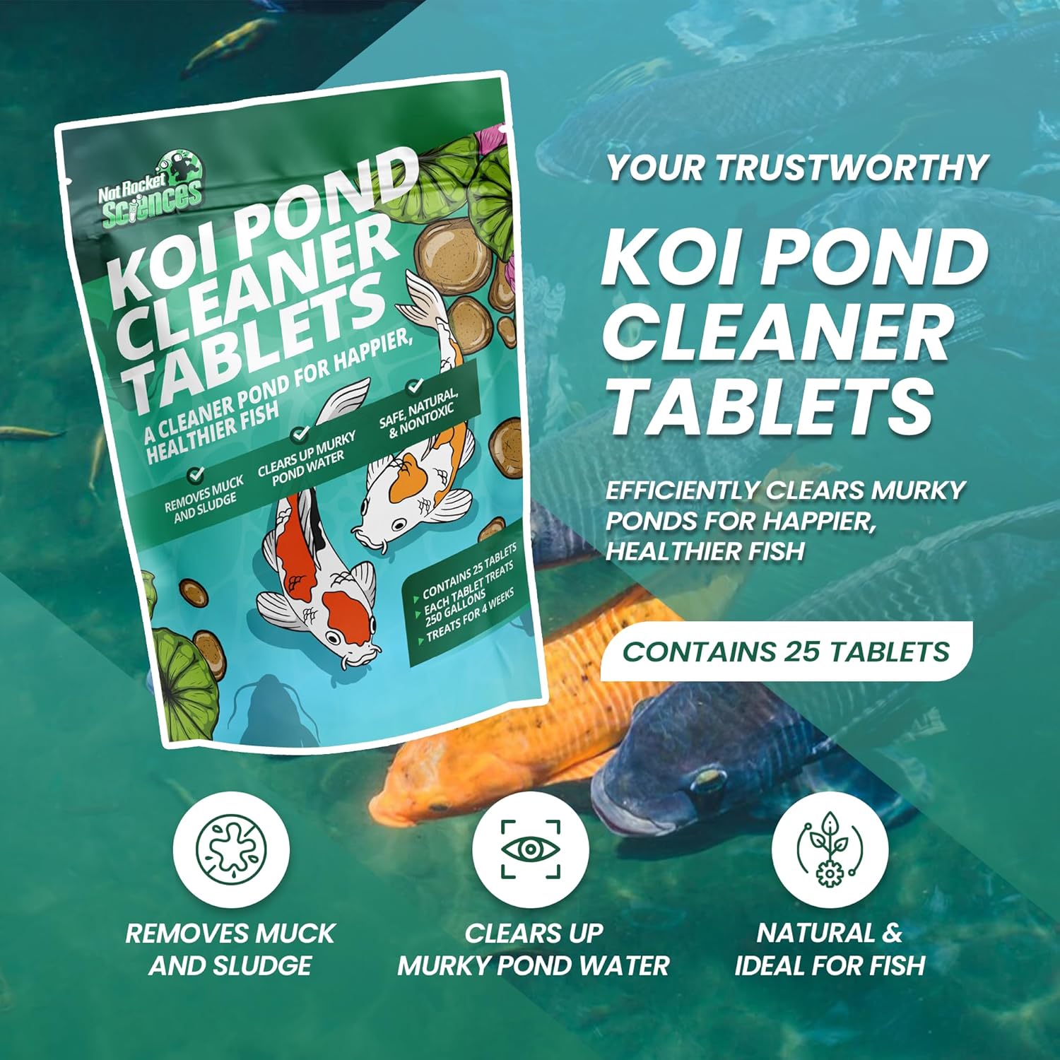 Not Rocket Sciences Koi Pond Cleaner Tablets - 25 Pcs. Muck & Sludge Remover, Ideal for Koi Fish Pond Maintenance, Outdoor Use, 8 oz