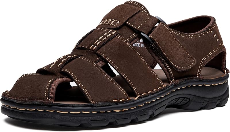 Jousen Men's Sandals Leather Arch Support Fisherman | Lightweight,Genuine Leather,Slip-Resistant,Adjustable Hook and Loop Straps,Summer,Beach,Casual,Hiking