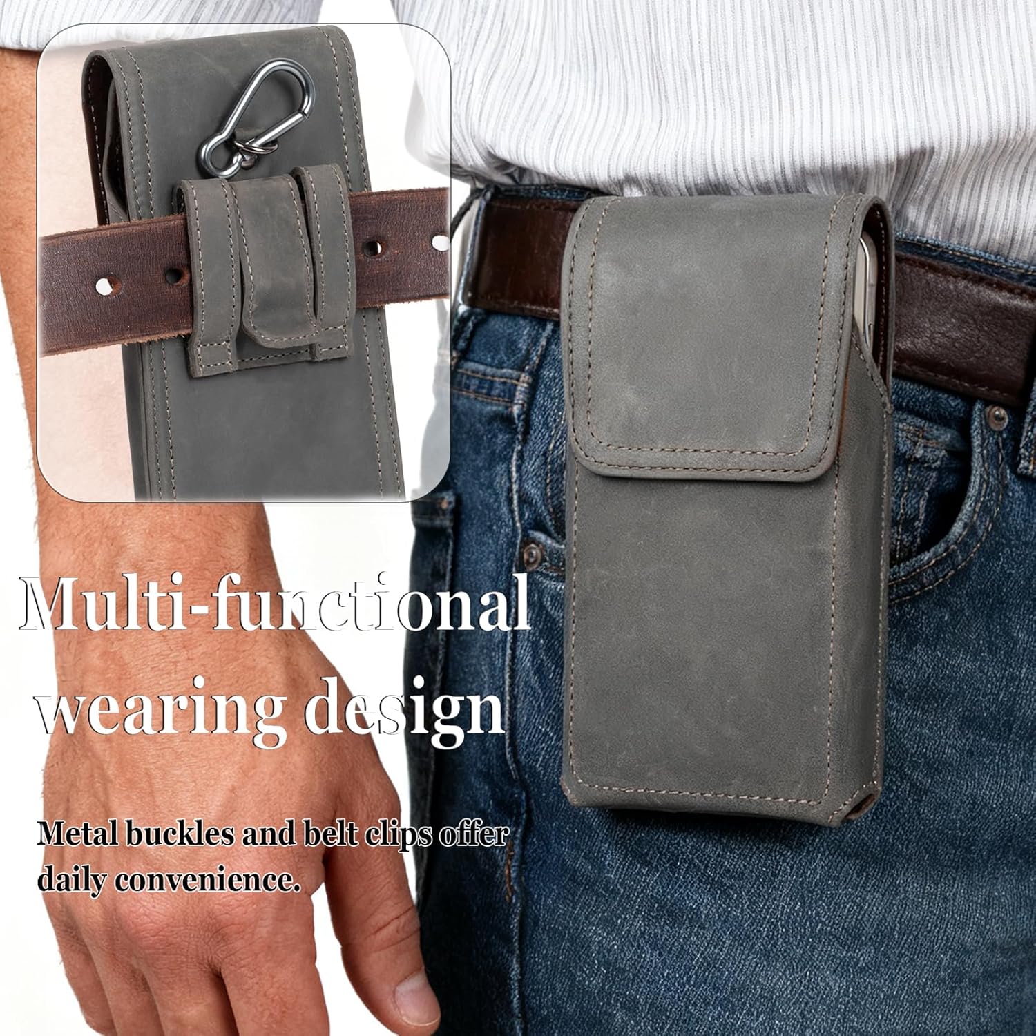 Leather Phone Holster - Genuine Full-Grain Buffalo Leather Cell Phone Holsters - for iPhone 16, 15, 14, 13pro, Galaxy S24, S23, S22-7.3" X 3.8" (Gray, Large)