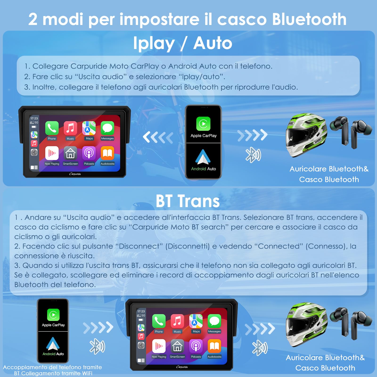 Carpuride W502 Carplay per Moto e Android Auto, Stereo Portatile per Auto Impermeabile IP67, Touchscreen IPS da 5 pollici, Navigazione/Siri per moto