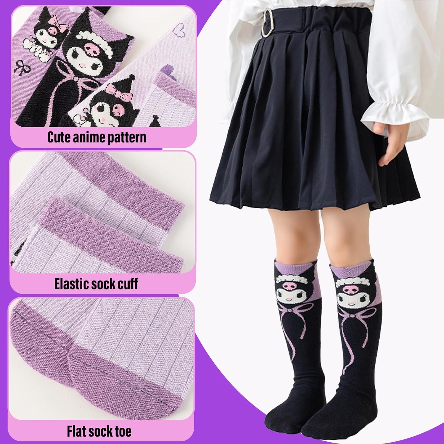4 Pairs Knee High Socks for Girls, Cute Cartoon Stockings Kawaii Cotton Long Socks Outdoor Anime Stocks Thicken Over Knee Stockings for Women - Image 2