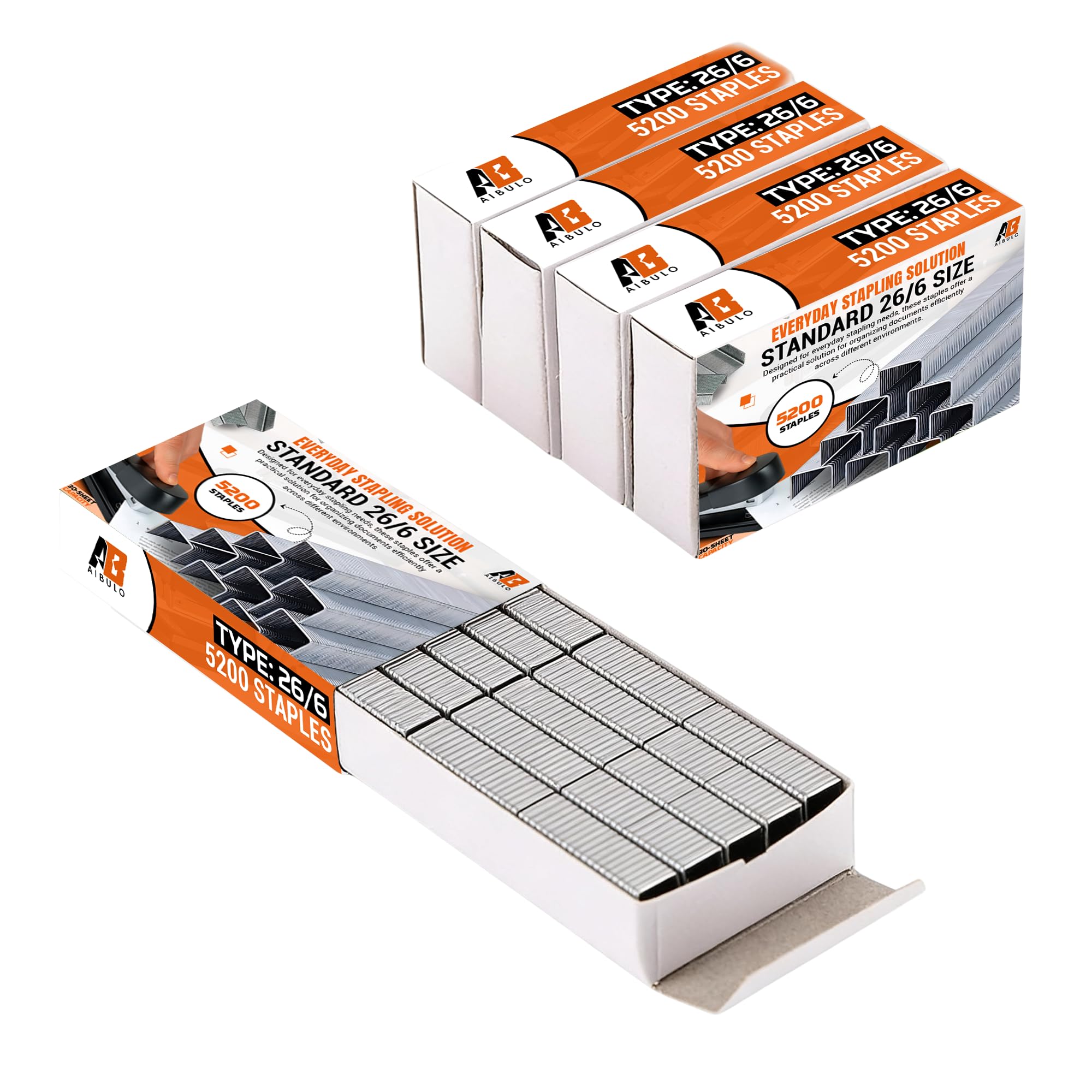 AIBULO 20 Pack of 26/6 Staples (5200 each pack) – Standard Size for Desktop Staplers, 30-Sheet Capacity – Reliable Steel Staples for Office, School, Home & Stationery Supplies