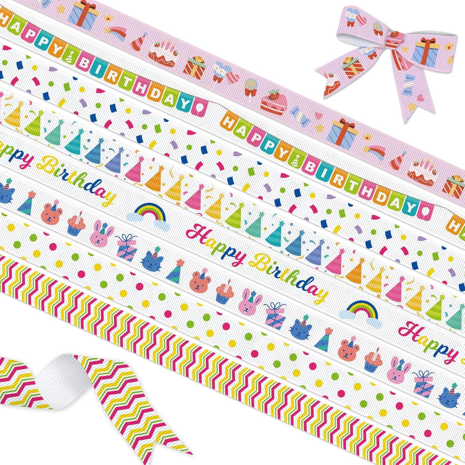 YKW 8 Pack Birthday Ribbon Set, 3/8 Inch x 24 Yards Grosgrain Decorative Ribbons, for Gift Wrapping, Party Decoration, Cake Box, Balloon, DIY Crafts - Rainbow Happy Birthday Theme