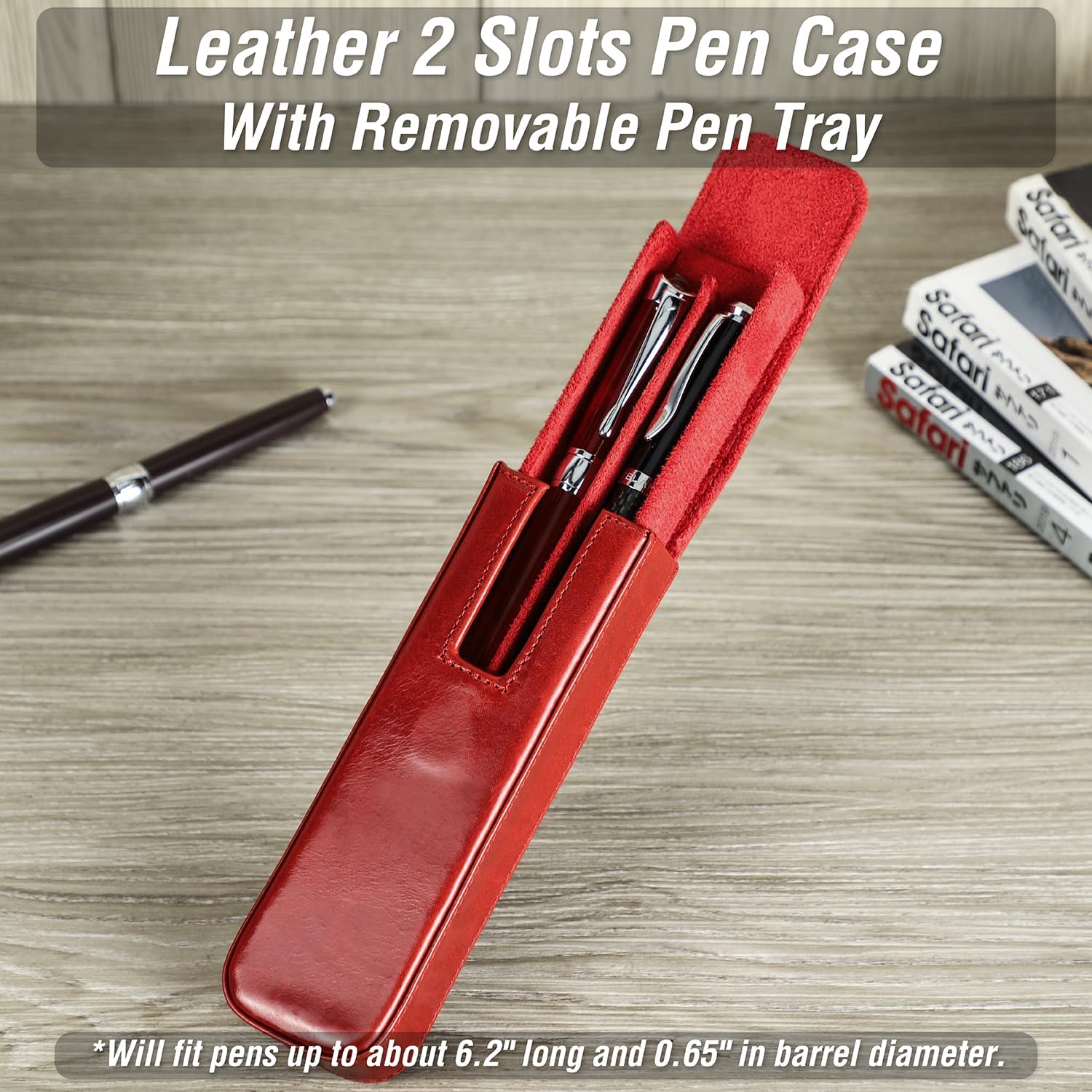 Top Grain Genuine Leather 2 Fountain Pen/Pencil Case Holder, Solid Minimalist Design, Handmade, Magnetic Closing with Drawer Design, Gift Choice for Man/Woman/Office, Glossy Red, 2 Slots