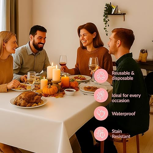 Vista 46 de Prestee Manteles redondos de plástico de 84 pulgadas, paquete de 24 manteles desechables de color blanco para fiestas, manteles redondos