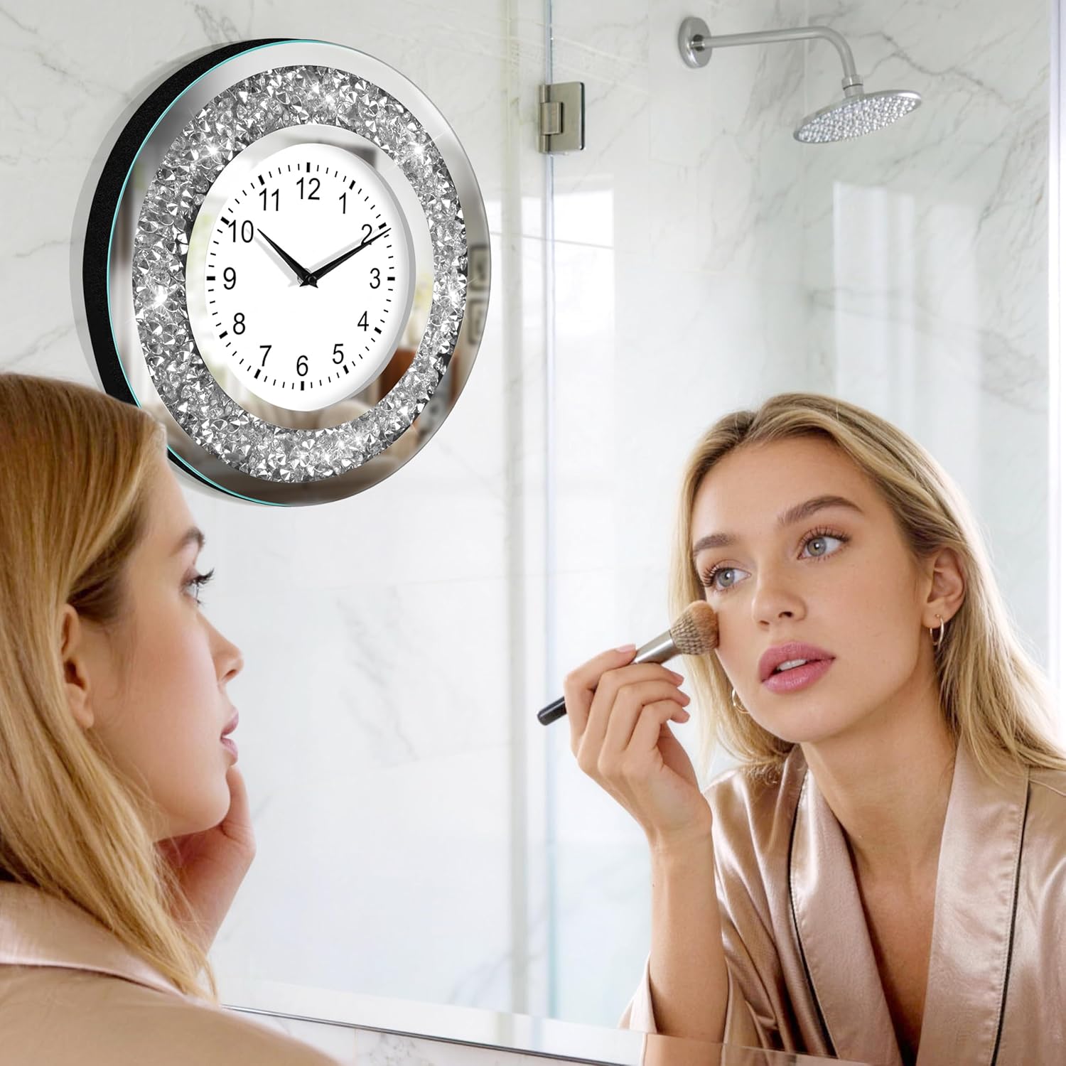 14 Inch Large Crystal Crushed Diamond Mirrored Wall Clock, Elegant Sparkle Bling Glitter Rhinestone Luxury Clock with Silent Quartz Movement for Living Room, Bedroom, Home Decor