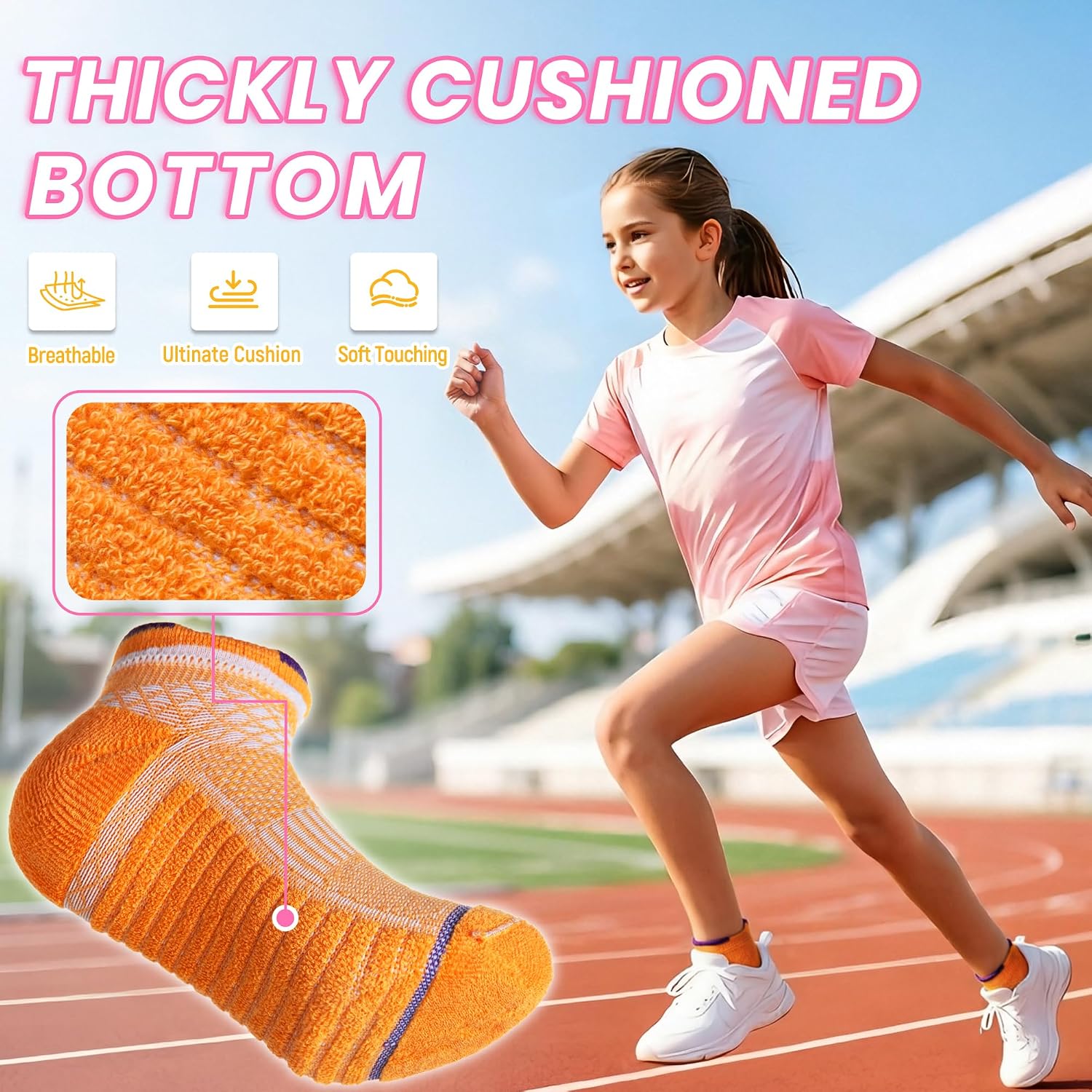 Eyean Girls Ankle Socks Half Cushioned Kids Athletic Cotton Low Cut Sport Socks 6 Pairs