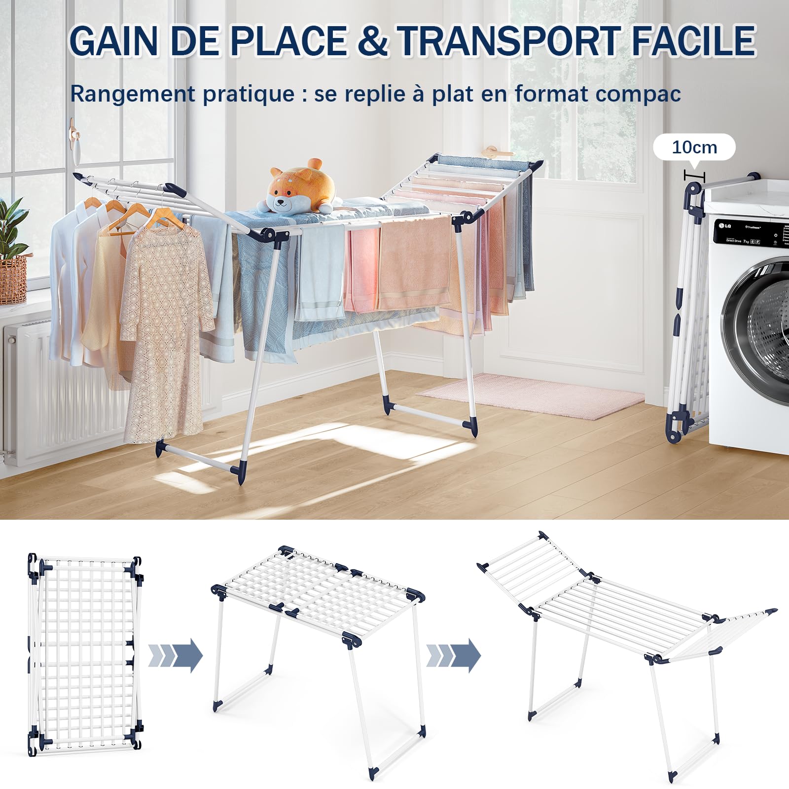 SYKIARIOL Étendoir à Linge Intérieur Pliable - Séchoir à Linge Intérieur sur Pied Pliable, Etendoir Linge Solide et Inoxydable - 175 x 105 x 60 cm - pour vêtements, Serviettes et draps(Blanc)