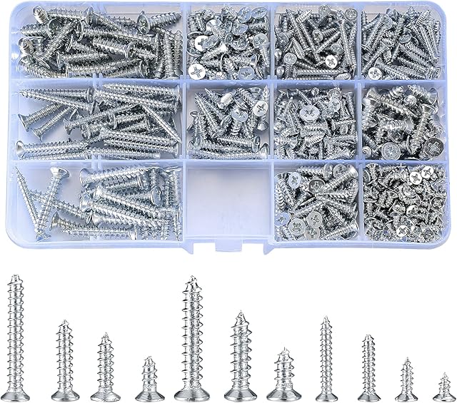 560 Pcs M3 M4 M5 Self Tapping Mixed Screws Assortment, Stainless Steel Cross Flat Pan Head Countersunk Screws Kit, Wood Machine Fixings Screws Assorted for Home Repair DIY Projects, 11 Sizes
