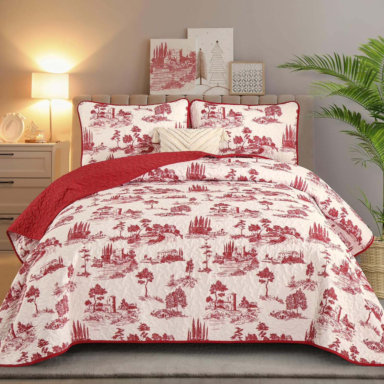 Yiran Red Botanical Plants Toile Quilt Set with 2 Pillowcases,Village Castle Christmas Quilt Coverlet,Soft Microfiber Floral Bedding Set Queen 96"×90" - Image 2