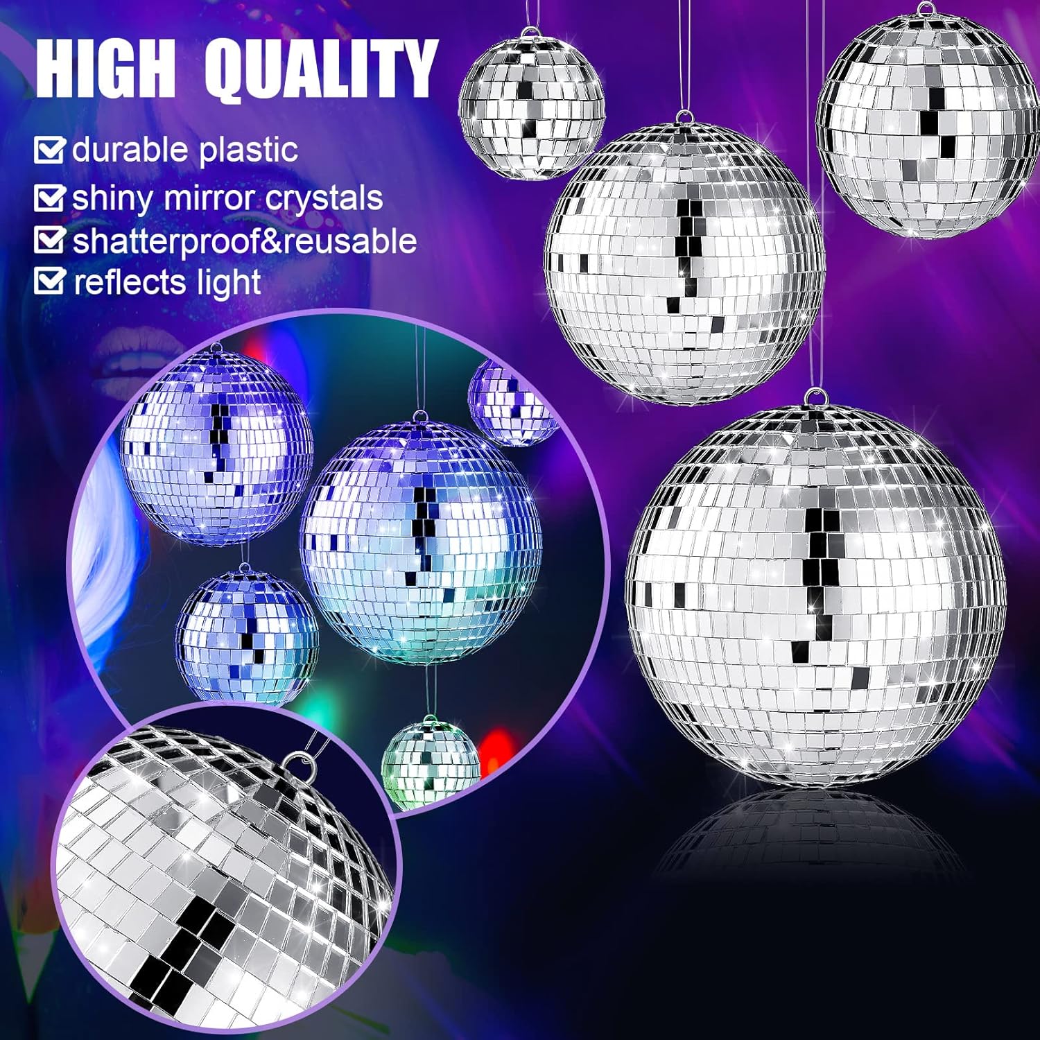 MTLEE 20 Pcs Disco Balls Decoration Mirror Disco Ball Assorted Silver Mini Glass Different Sizes Reflective with Rope for 70s Wedding Dance Music(6, 4, 3. 2, 2 Inch)