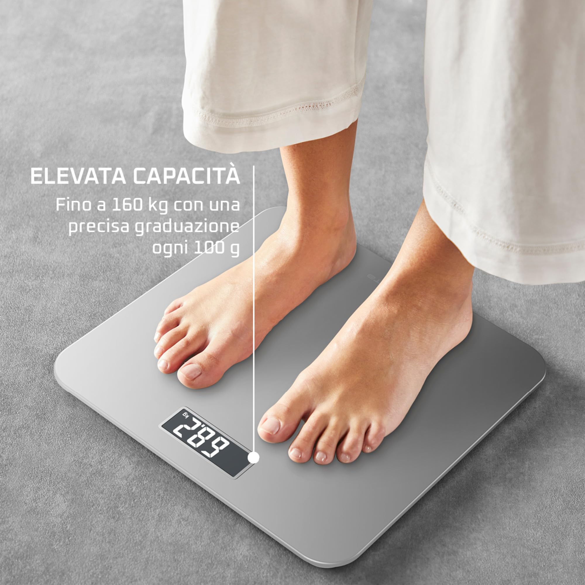 Rowenta Premiss 2.0, Bilancia da Bagno con Display LCD Facile da Leggere, Capacità 160Kg, Design Moderno e Funzioni Intelligenti, Auto Accensione e Spegnimento Automatico, Colore Argento, BS1801V0