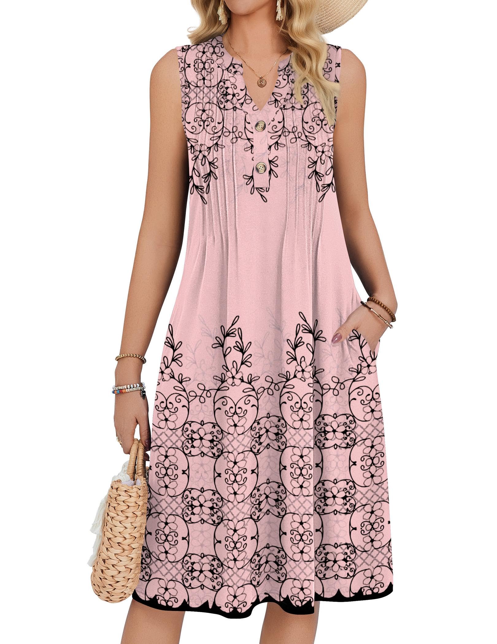 Zeagoo Women Summer Casual Dress 2026 Sleeveless Midi Tank Sundress with Pockets V Neck Buttons Pleated A Line Tshirt Dress Global Recycled Standard Global Recycled Standard Global Recycled Standard