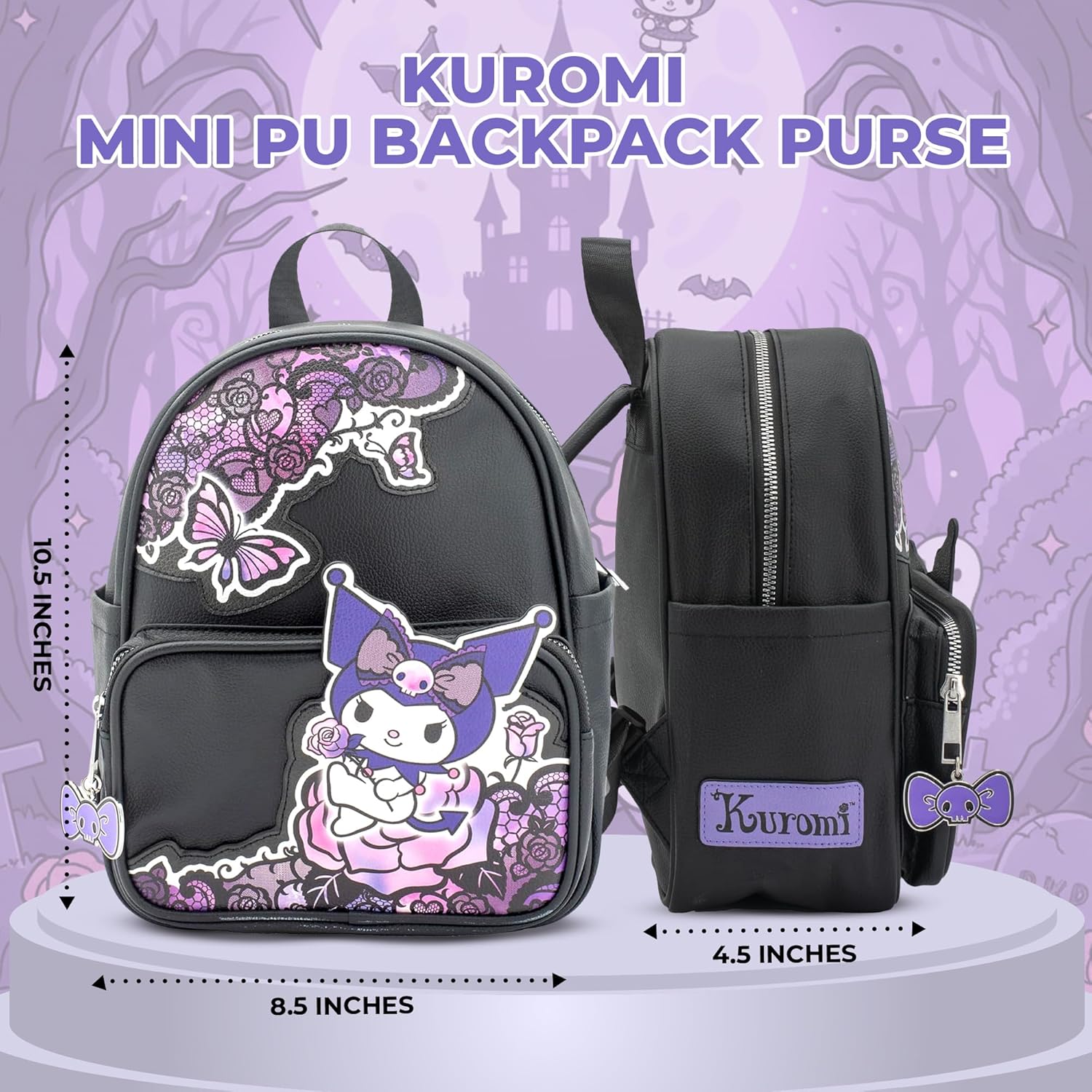 AI ACCESSORY INNOVATIONS Hello Kitty Kuromi Mini PU Backpack Purse, Kawaii Shoulder Bag with Epoxy Filled Metal Bow w/Skull Charm, 10.5 Inch, Anime Travel Bag, Faux Leather - Image 4