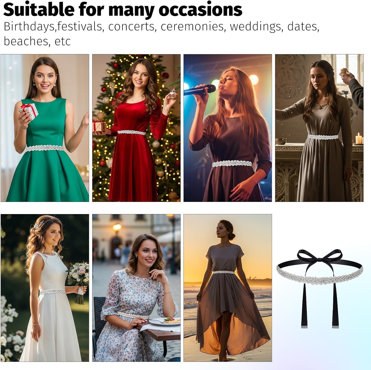 Bridal Wedding Waist Belt, Silver Belt for Dress, Glitter Handmade Rhinestone Sash Crystal Belt with Adjustable Ribbon for Bride Women Formal Dress - Image 6