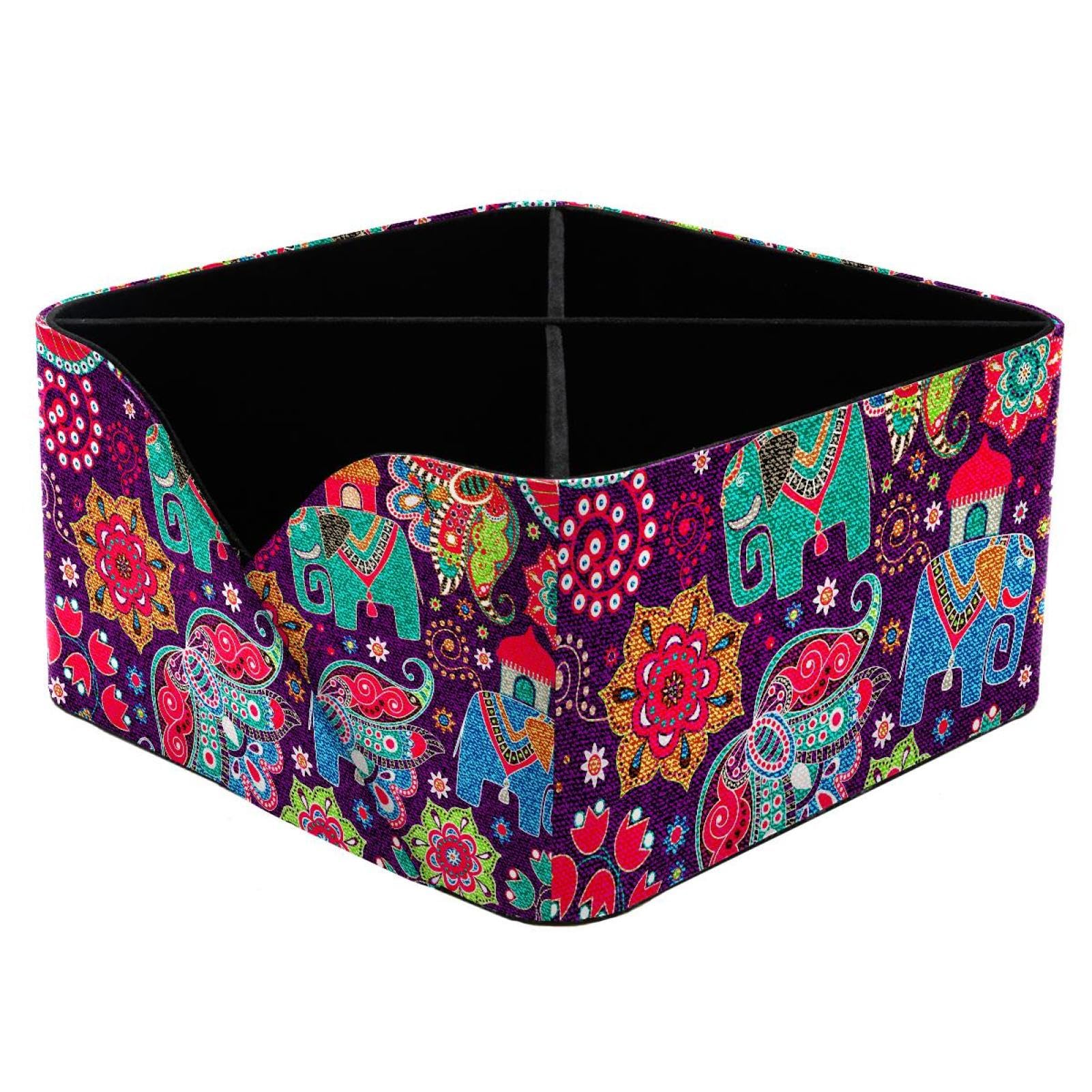 KengjuTesu Indian Tribe Elephants and Colorful Floral Pattern Desktop Organizer Pen Holder, Rectangular Pencil Cup for Office, Study and Makeup Stations