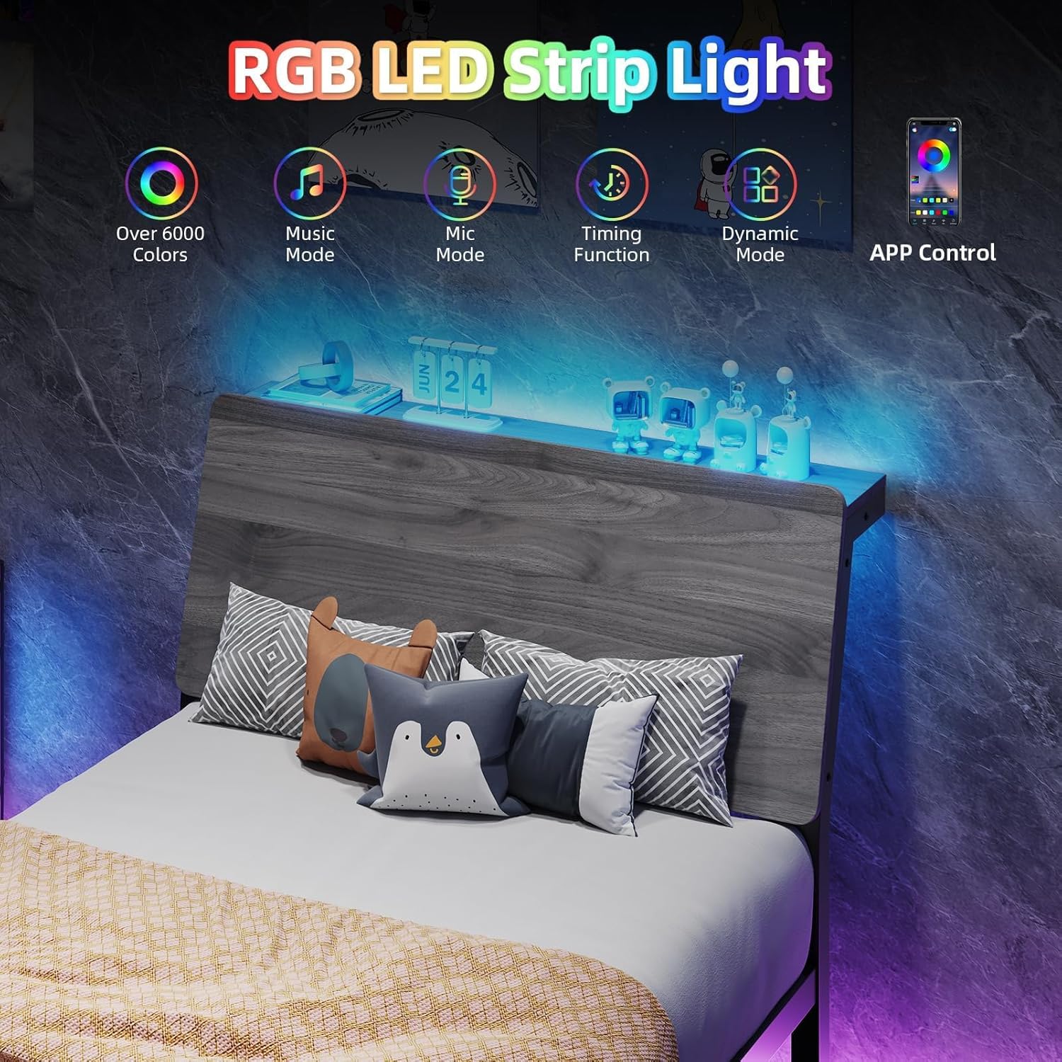 Twin Bed Frame with Storage Headboard,Metal Platform Bed Frame with LED Lights,Ergonomic Design,Heavy Duty Metal Slats,No Box Spring Needed,Easy Assembly,Grey - Image 3