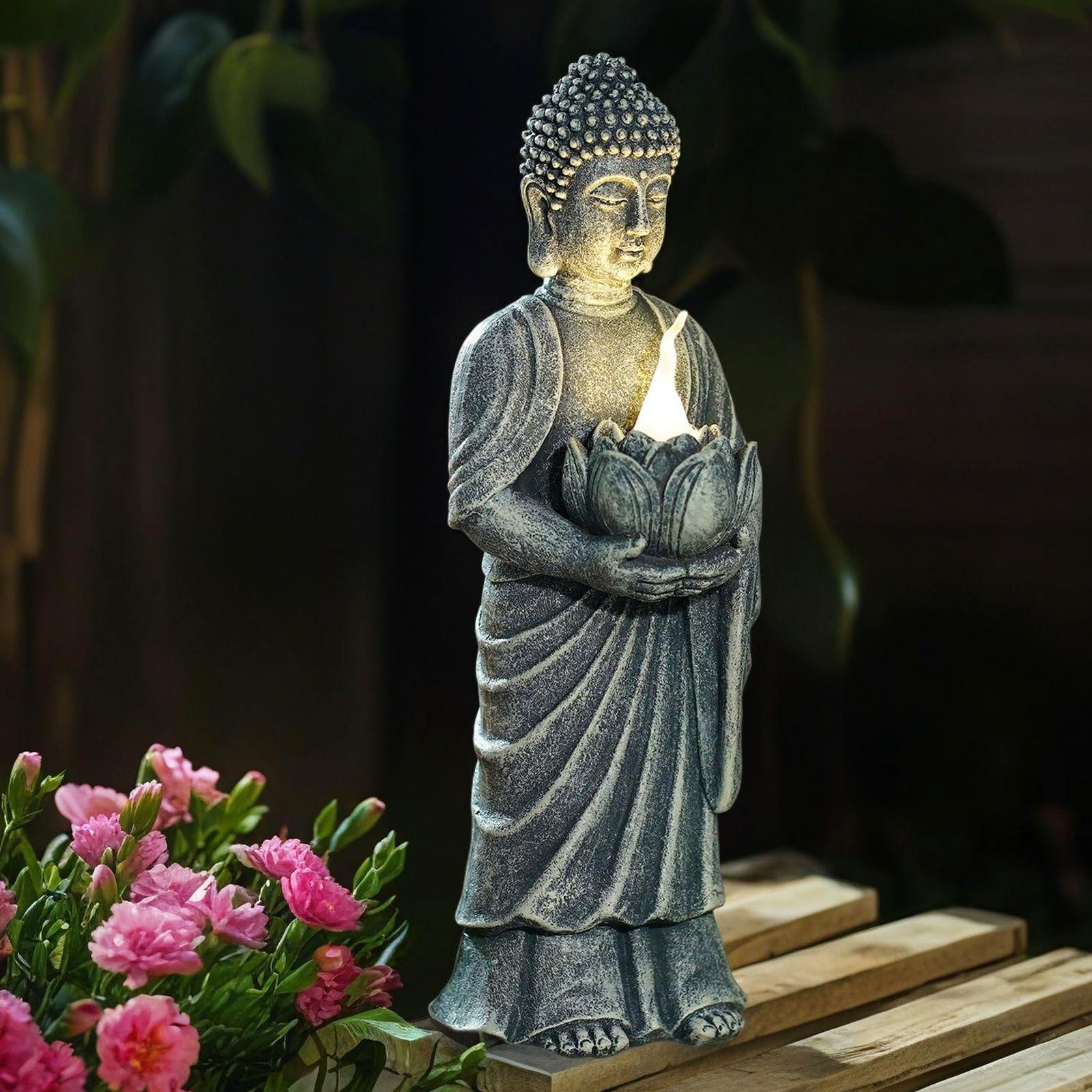 Yeomoo Statuetta di Buddha solare con podio di loto, decorazione a LED, 28 cm, resistente alle intemperie, per giardino, terrazza e soggiorno, regalo per donne, mamma e uomini (meditazione, yoga, feng