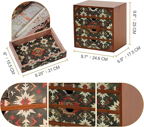 Miniatura 2 de Organizador de escritorio de madera verde bohemio con cajones, caja de almacenamiento de escritorio de 4 cajones, organizador de escritorio de