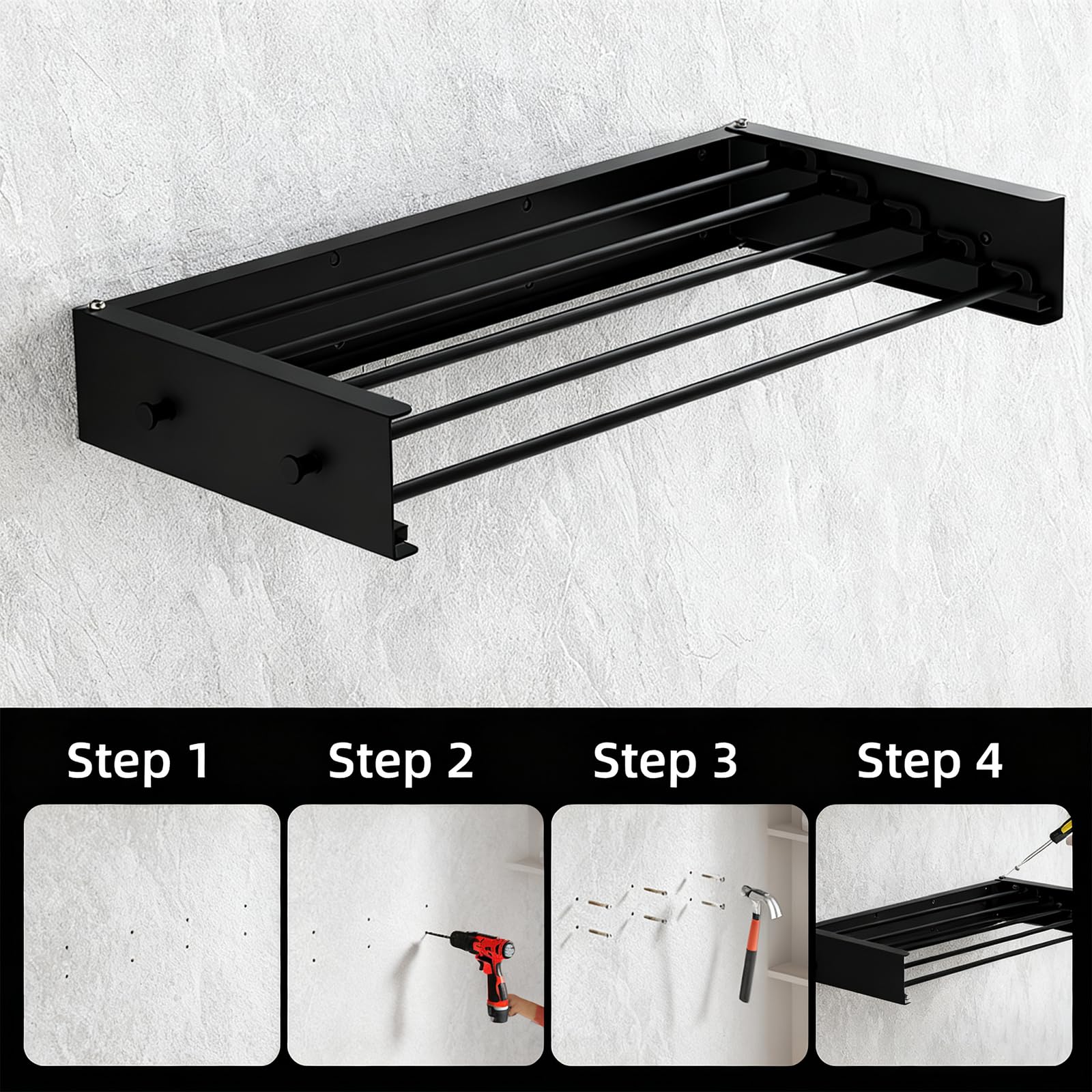 Wäscheständer Wandmontage aus Kohlenstoffstahl & Aluminium, Einfache Wäscheständer Wand, Faltbar Wand Wäschetrockner für Innen & Außen, Wandwäschetrockner Ausziehbar für Balkon (Schwarz mit 4 Haken)