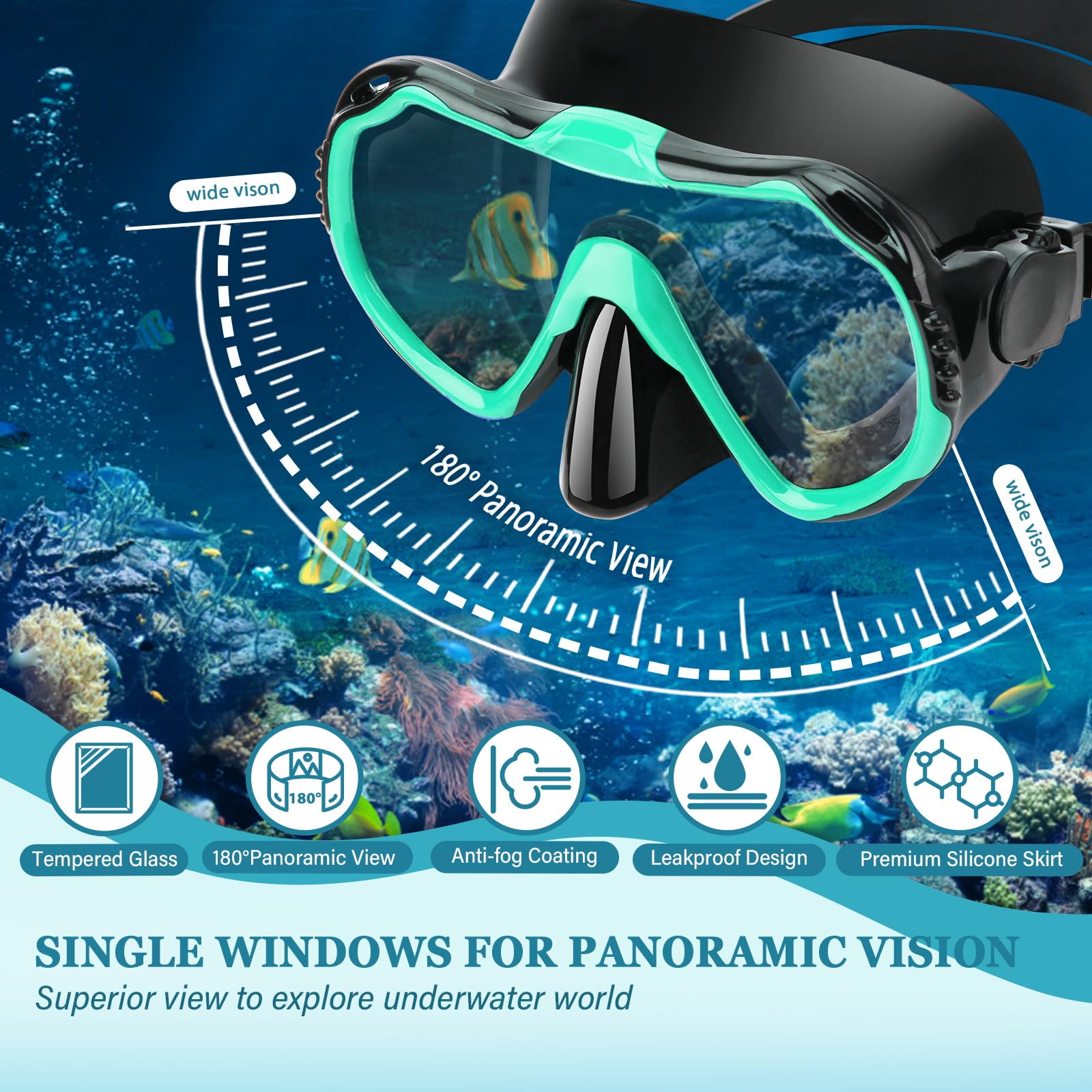 CTSAYTL Snorkeling Gear for Adults, 4 in 1 Travel Size Mask Fins Snorkel Set with Panoramic View Anti Fog Mask, Dry Top Snorkel, Trek Fins and Travel Bag, Snorkel Gear for Swimming Diving Snorkeling