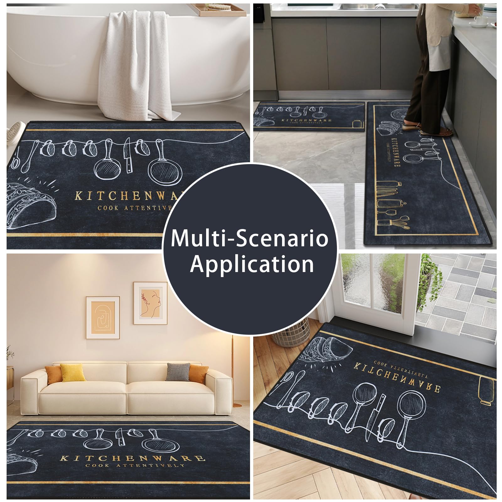 Juego de alfombras de Cocina,2 Piezas Antideslizantes Lavables Alfombrillas de Cocina y alfombras Runner Set,Lavable alfombras de Piso,Negro,40x60+40x120cm