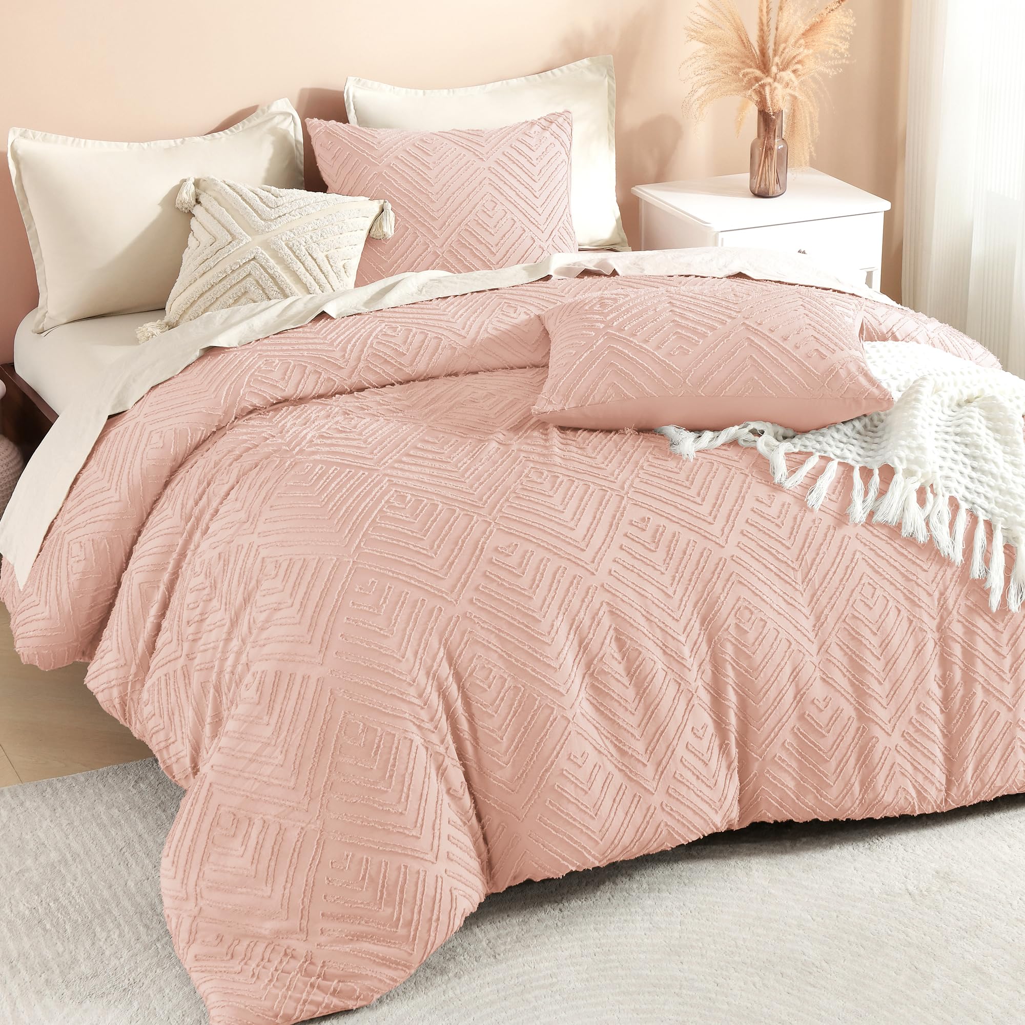 Litanika Blush Pink King Size Comforter Set, 3 Pieces Tufted Boho Farmhouse Bedding Comforter Sets, Lightweight Fluffy Comforter Bed Set for All
