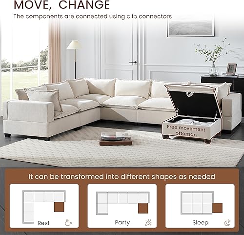 Miniatura 7 de Merax Modern U-Shaped Modular Couch Set with Storage Ottoman, Chenille 7-Seat Sectional Sofa Sleeper Bed with Wide Seat for Living Room, Free