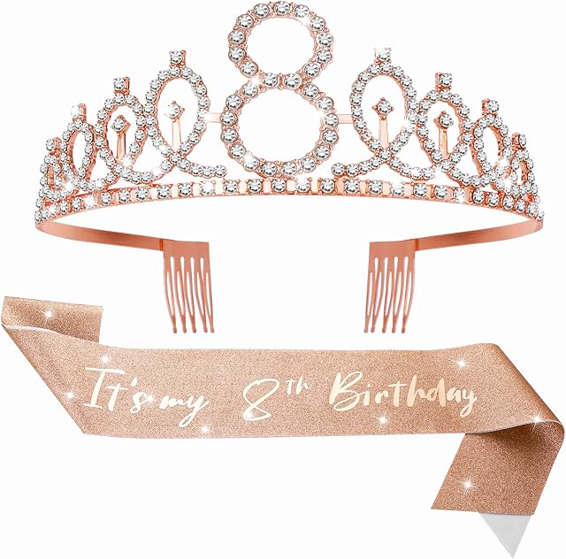 Abeillo 'It's my 8th Birthday' Sash and Tiara for Girls, Rose Gold Birthday Crown 8 & Fabulous Satin Sash 8th Birthday Gifts for Happy 8th Birthday Party Favor Supplies