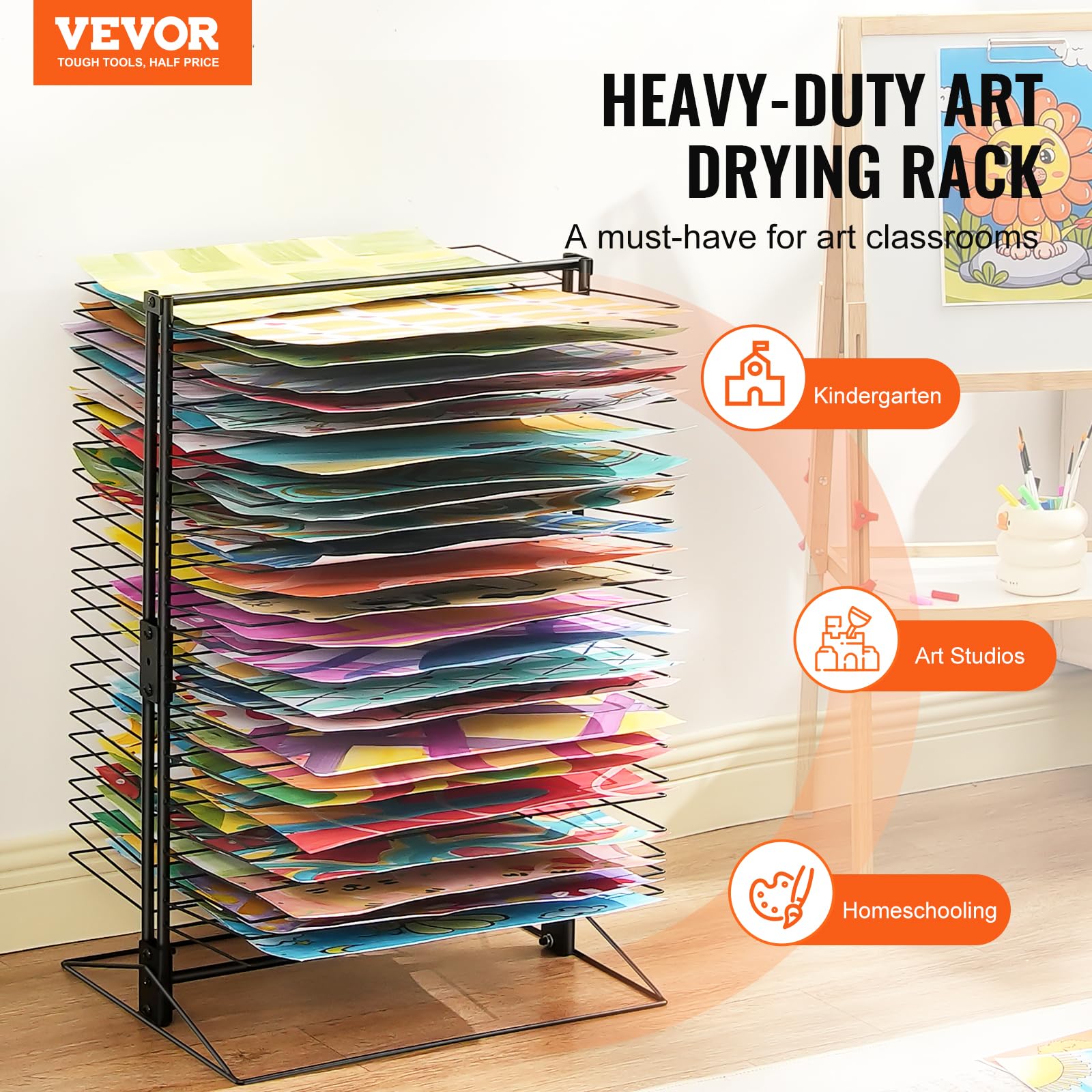 VEVOR Sèche-Dessins, Séchoir à Dessins 50 Étagères Amovibles, Support de Séchage d'Œuvre d’Art 508x432x762 mm, en Acier au Carbone, avec Base Stable, pour Salle de Classe, Studios d'art, Écoles, Noir