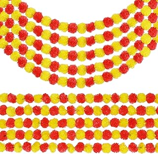 Trimgrace 5 Pcs Yellow-Red Marigold Garland 5FT for Thanksgiving Weddings Mantles and Diwali Decor - Faux Garlands for Party Home Decoration Mexican Day of The Dead