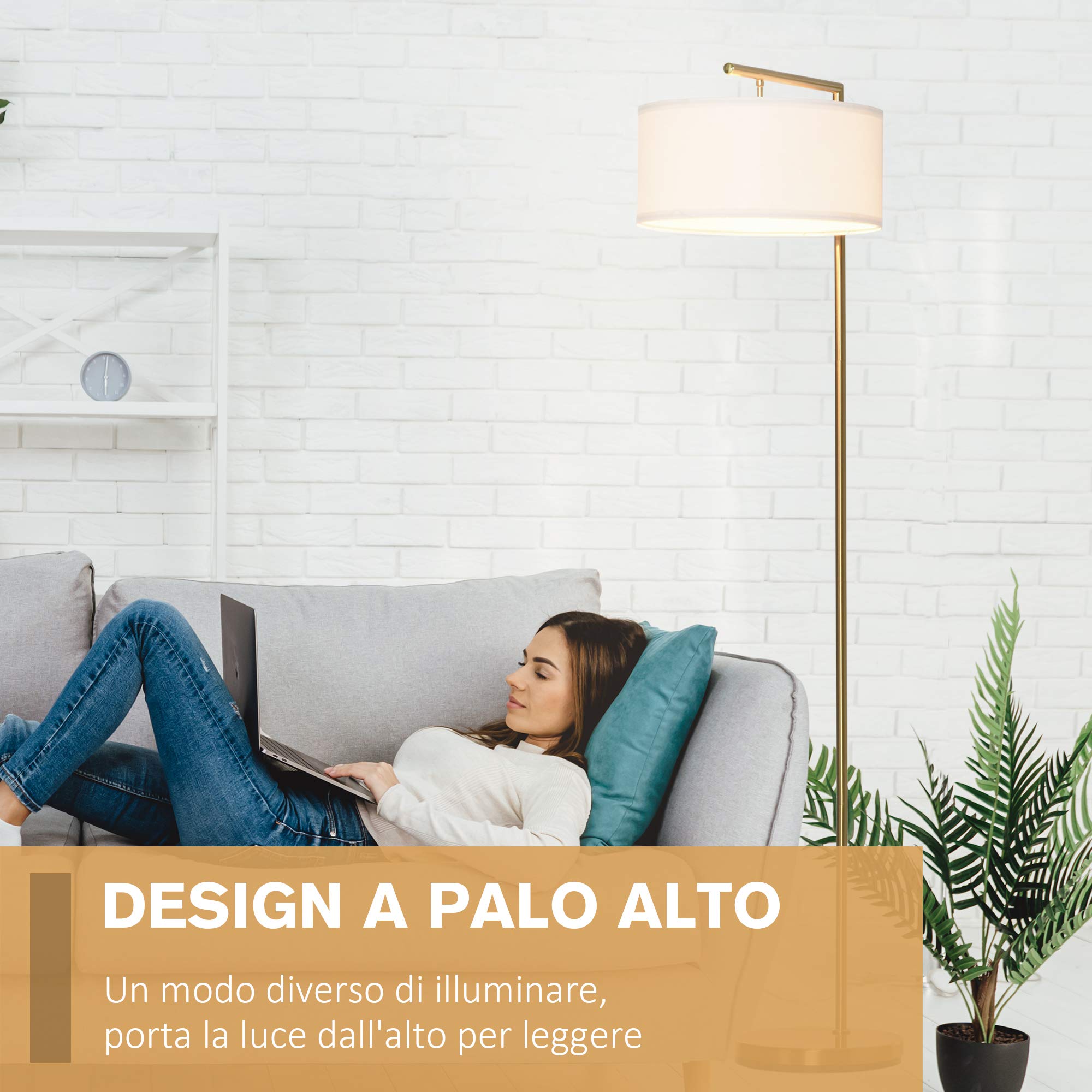 HOMCOM Lampada da Terra Moderna in Metallo E27 47x37x153cm Oro e Bianco | Paralume in Tessuto, Lampada da Lettura